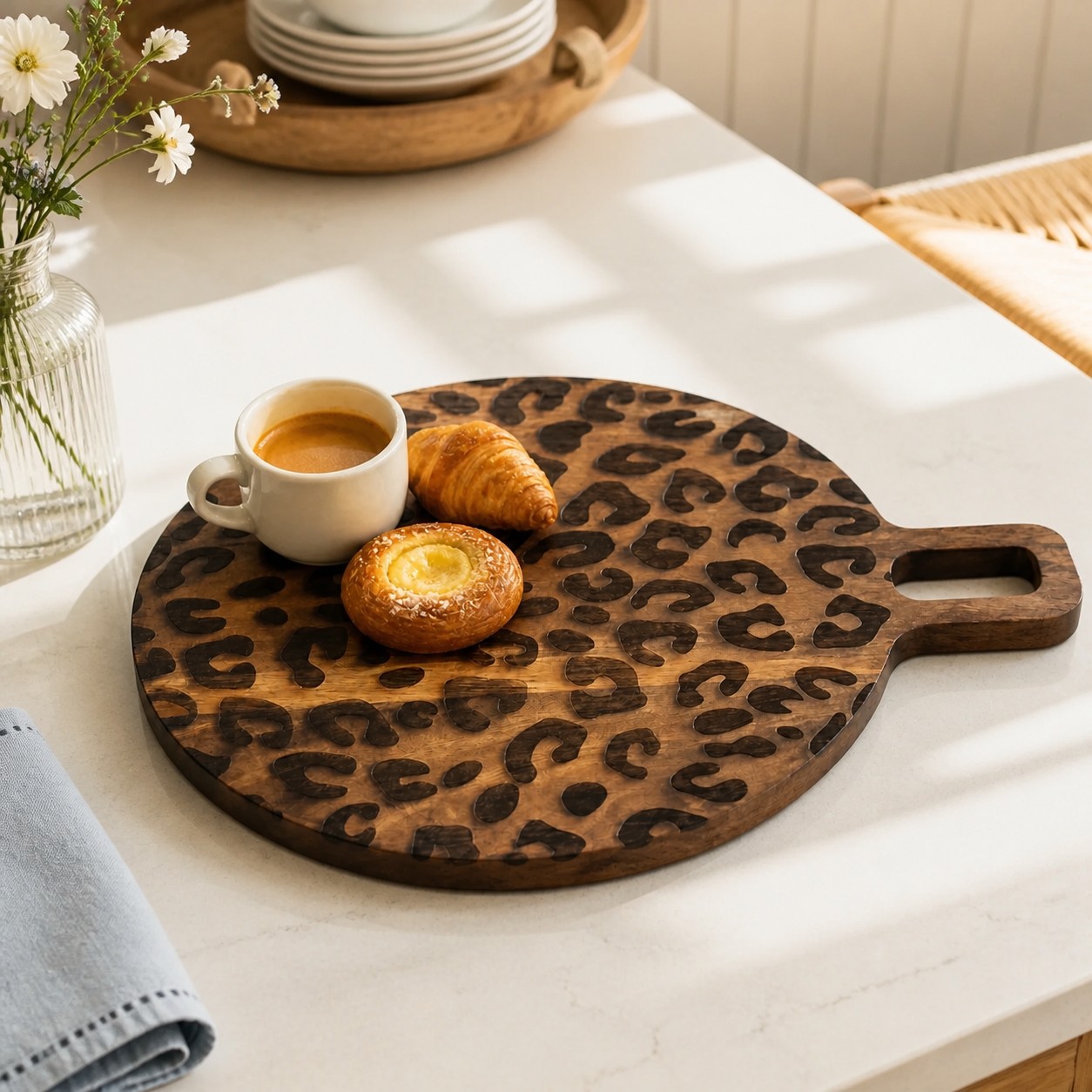 Powell leopard print mango wood serving board with coffee and pastries