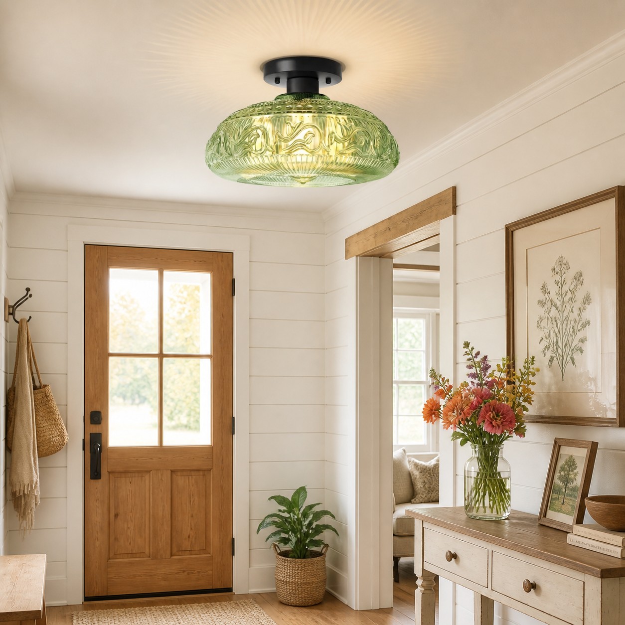 Green Cirel ceiling light shown fully in a bright entryway