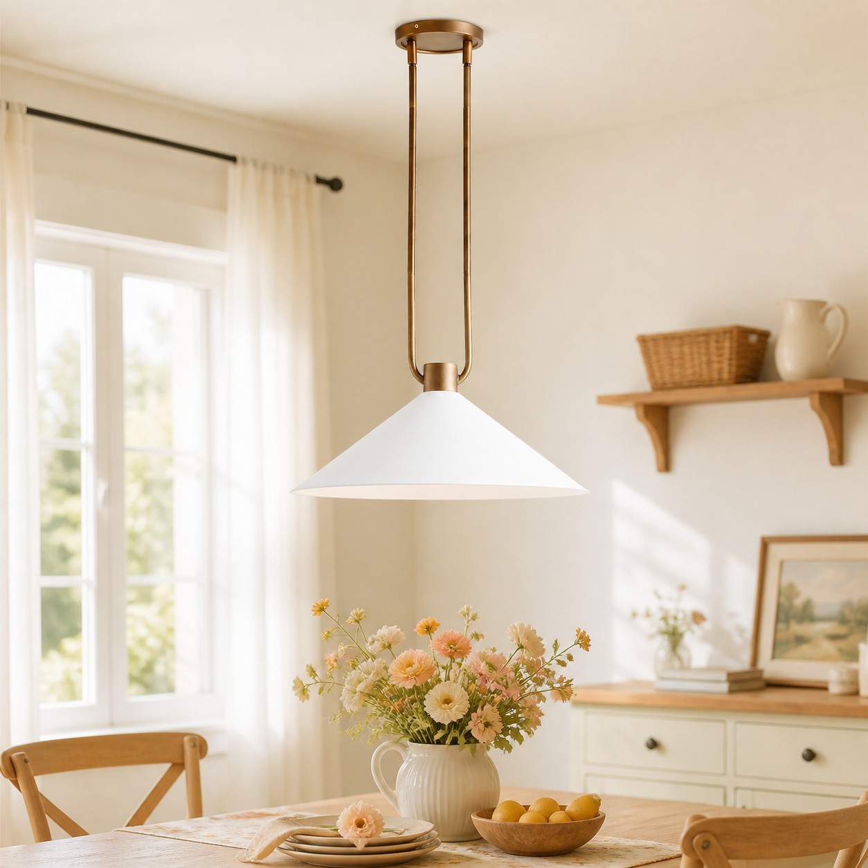 White and brass Zane pendant shown fully over a dining table