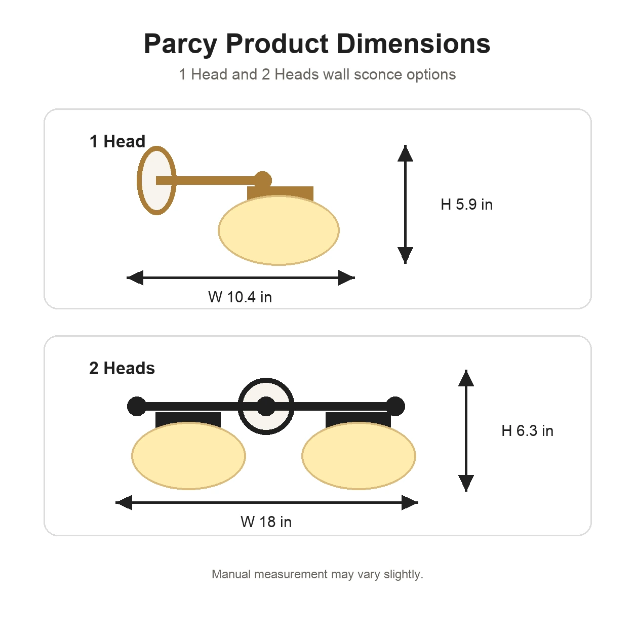 Parcy wall sconce dimensions for 1-head and 2-head options