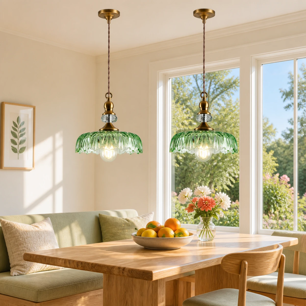 Pair of green glass pendants in a bright breakfast room