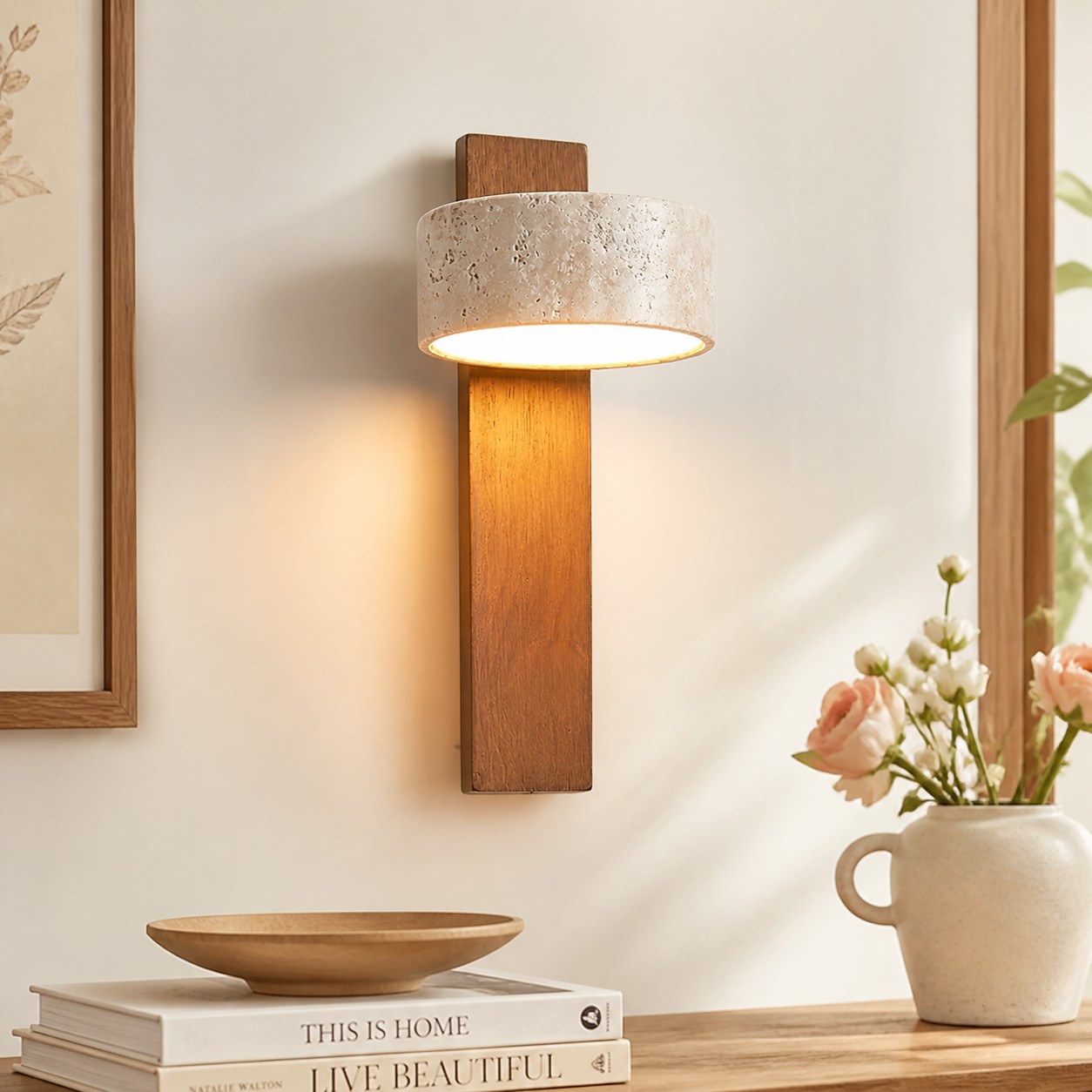 Elida walnut and travertine wall sconce in a warm interior
