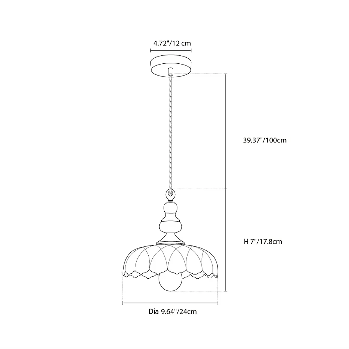 Galeth pendant dimensions showing canopy, suspension, fixture height and shade diameter