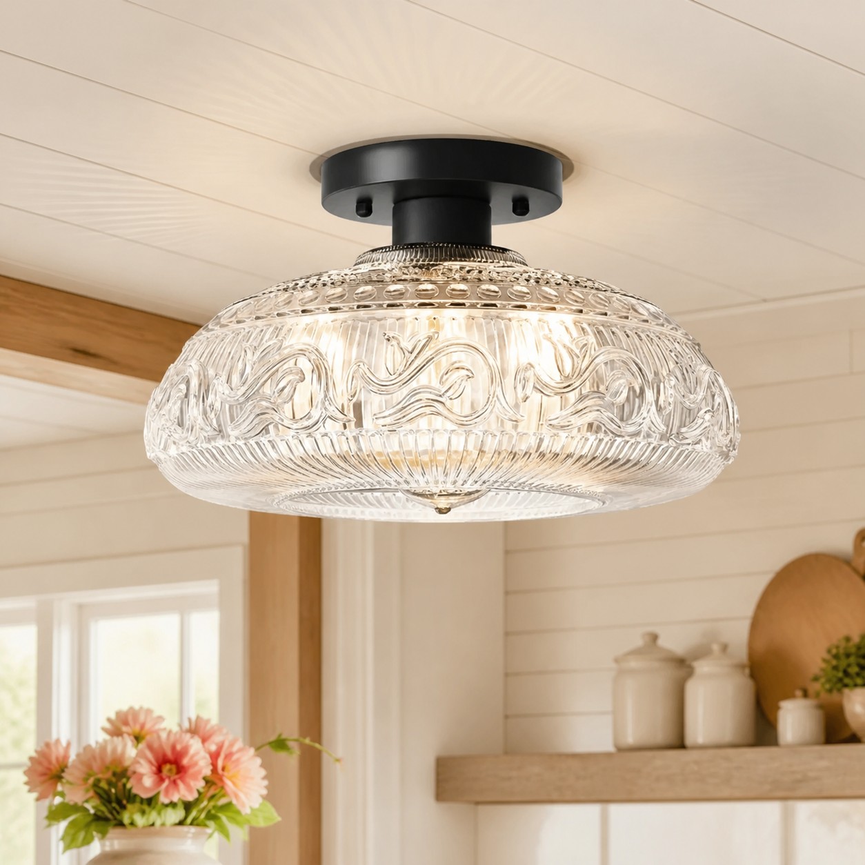 Clear engraved glass Cirel ceiling light with black base