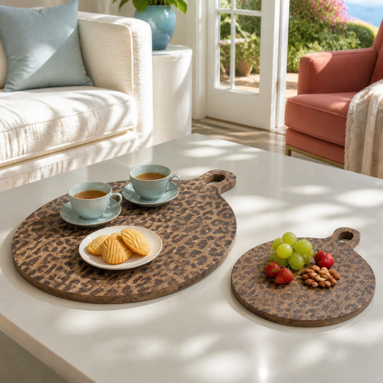 Two Powell serving boards on a living room coffee table