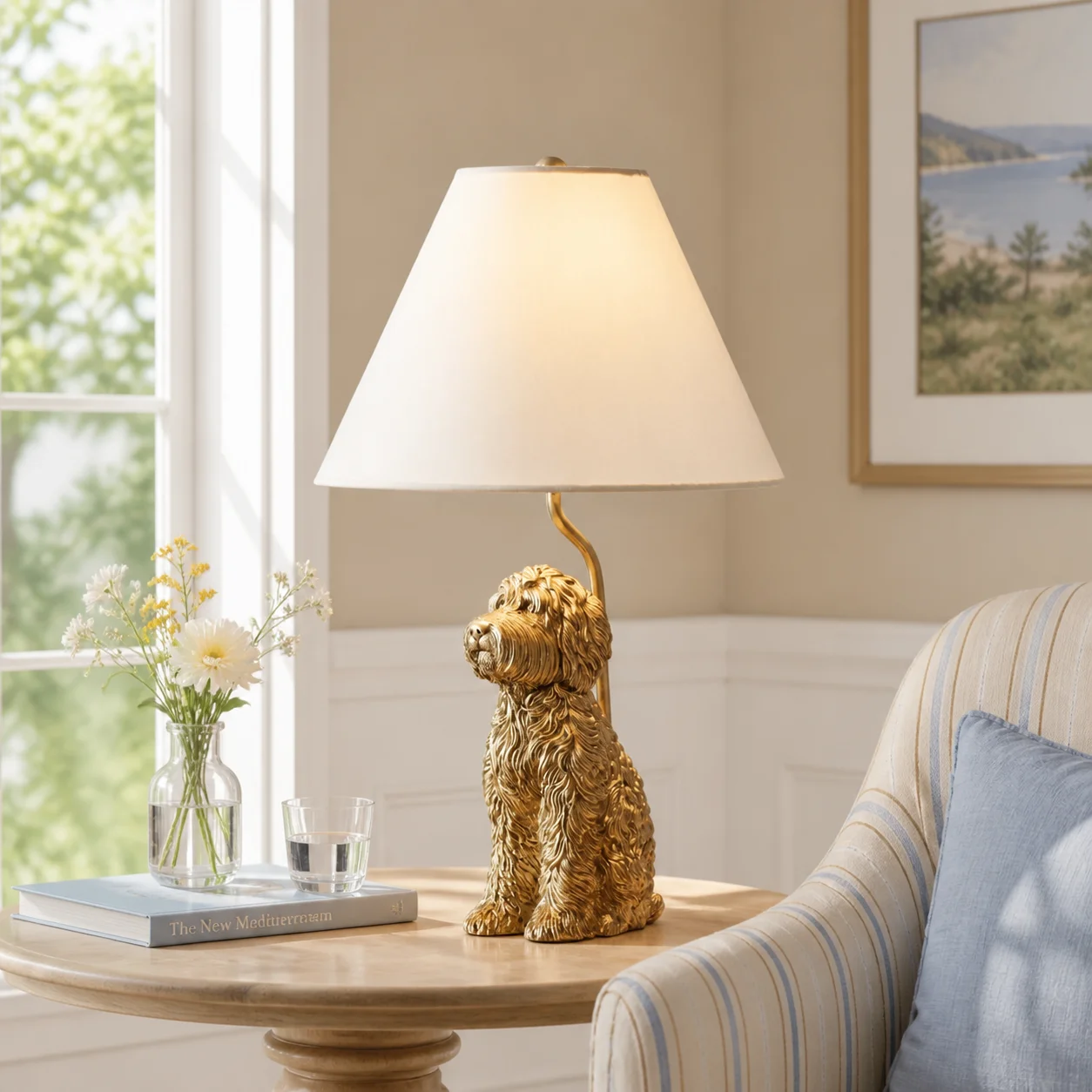 Lunab antique gold dog lamp in a bright room scene