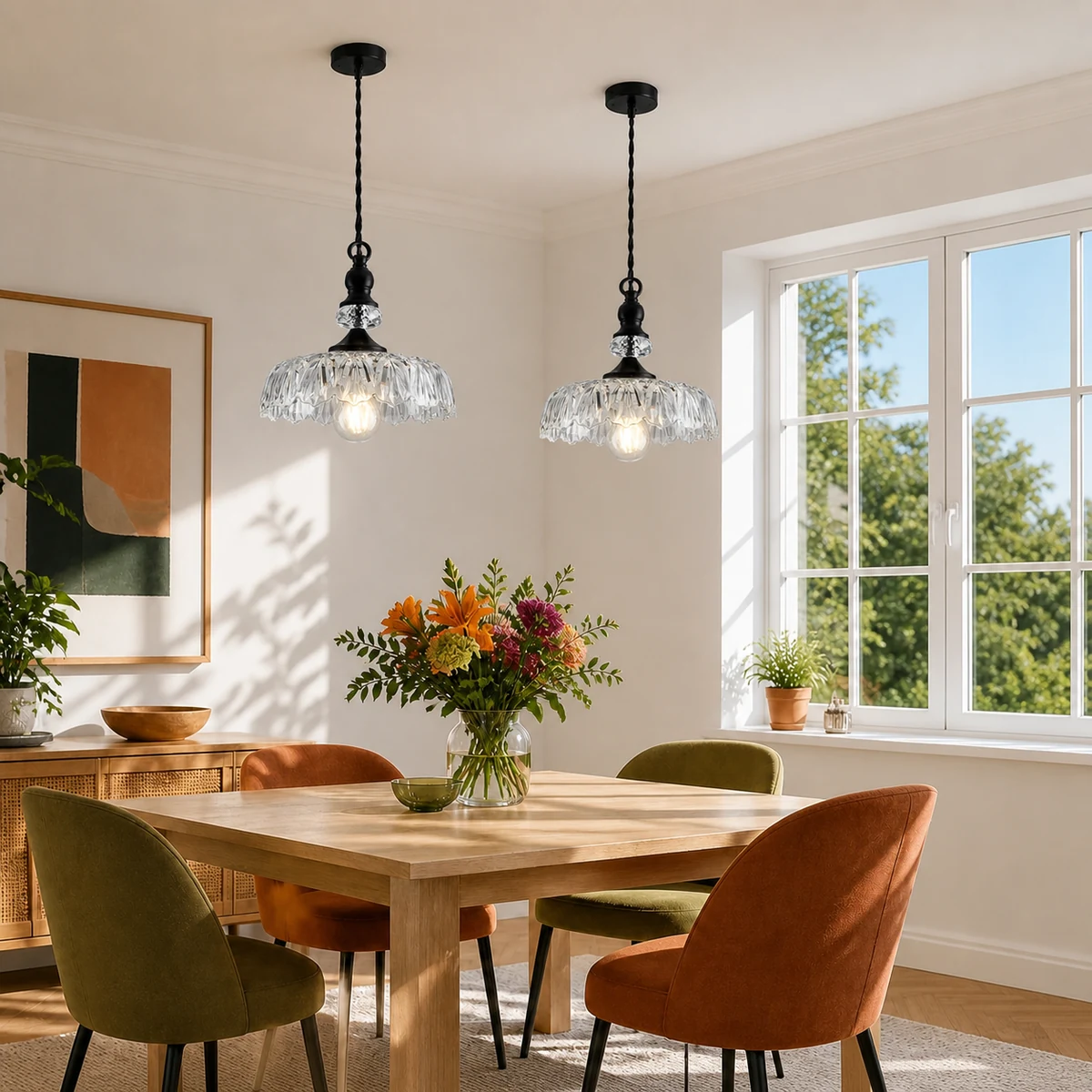 Pair of clear glass and black Galeth pendants in a sunlit dining room