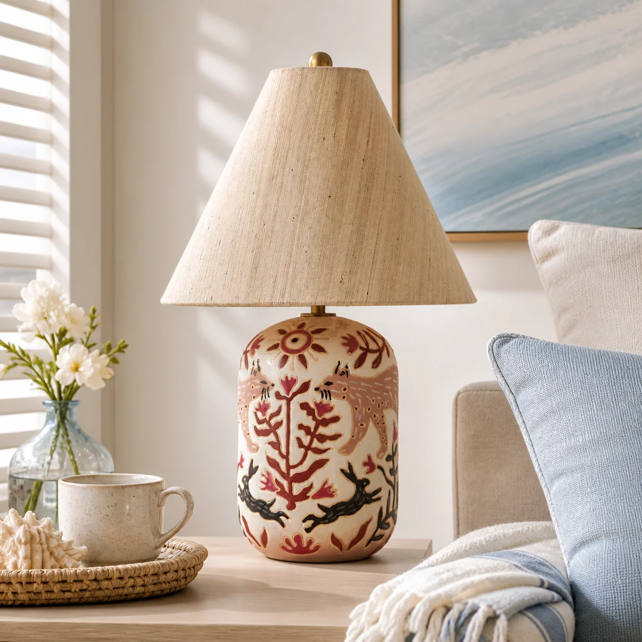Maelis Vintage Ceramic Linen Tapered Wax Resist Animal Table Lamp