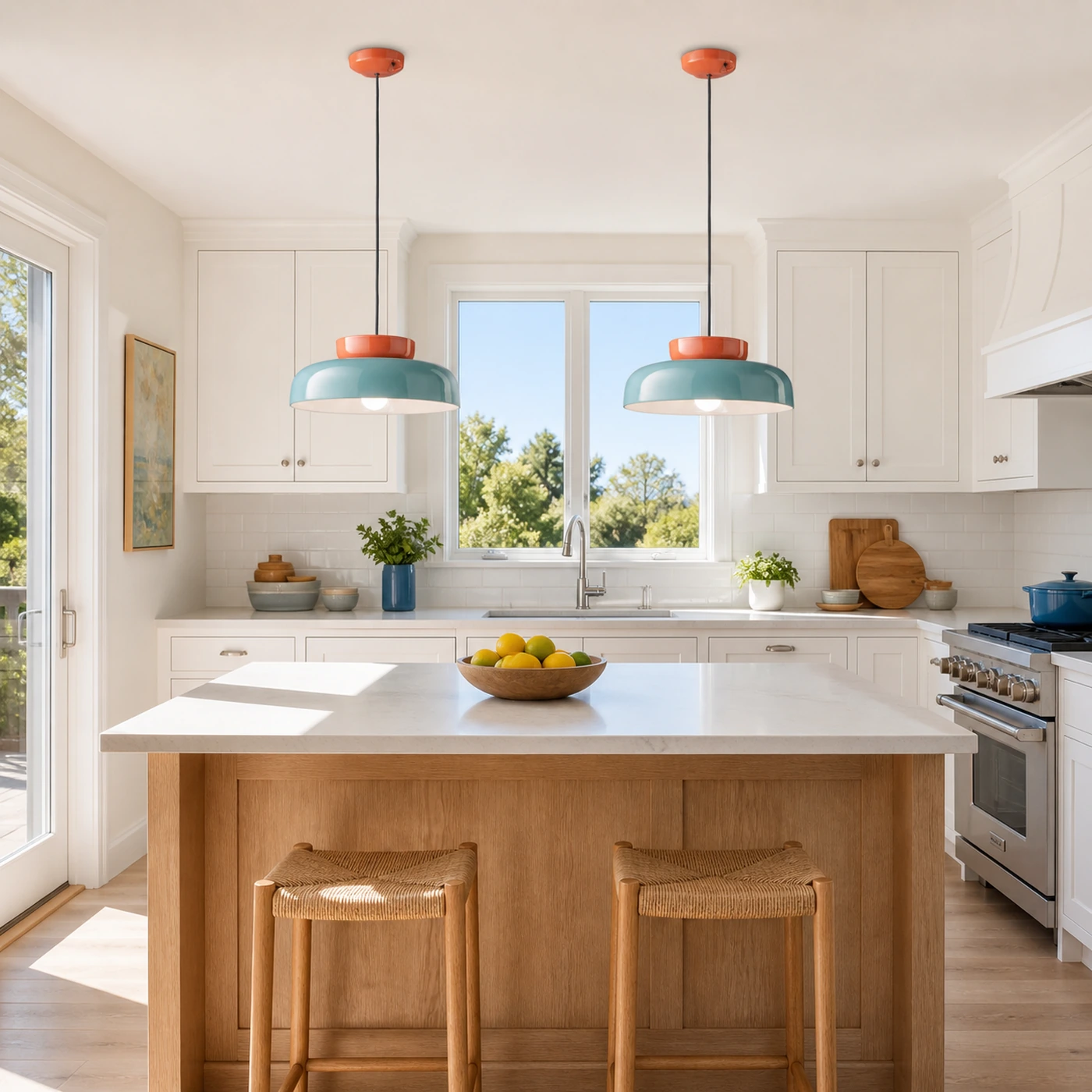 Pair of Orange and Light Blue pendants over a kitchen island