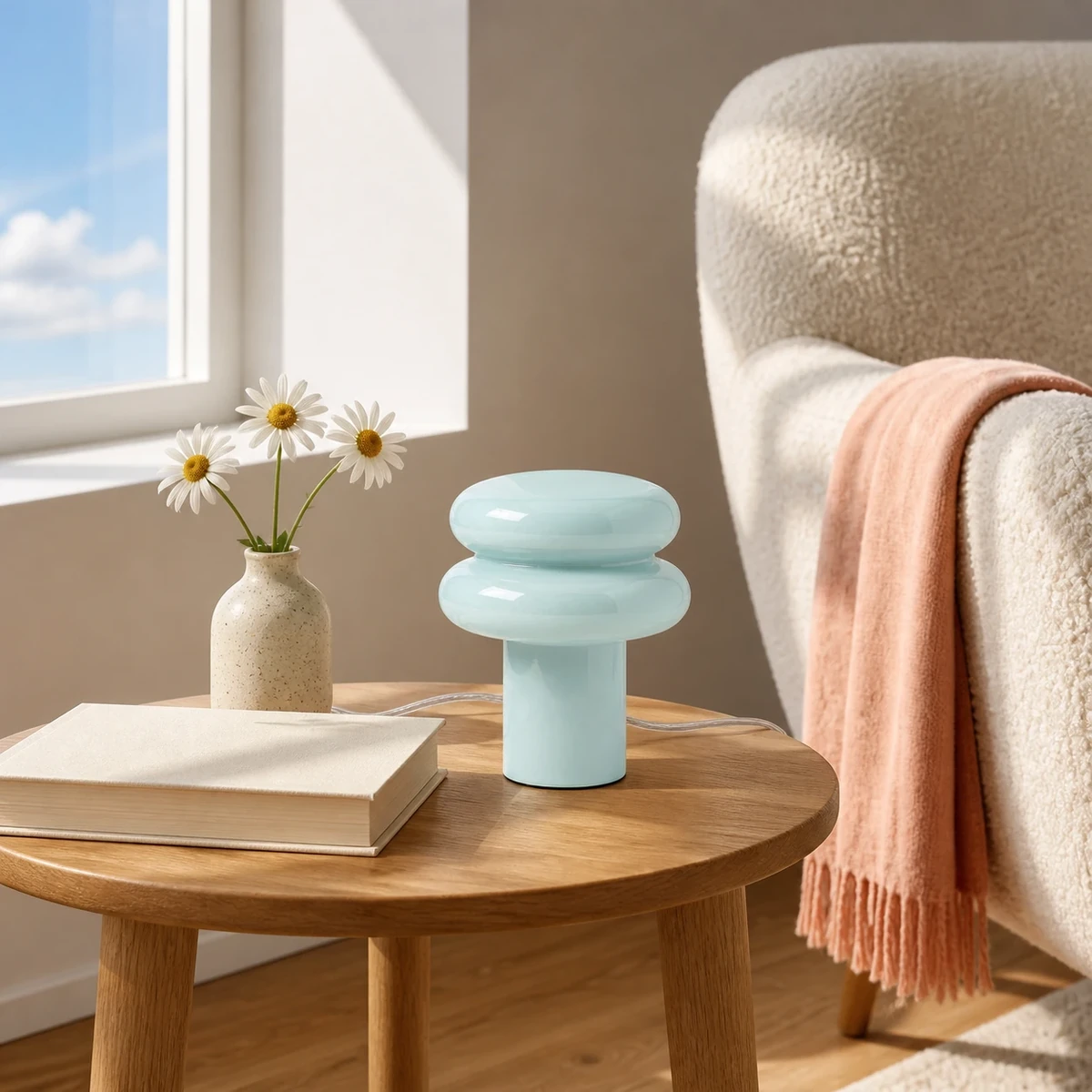 Light blue Lailly lamp in a sunlit reading corner