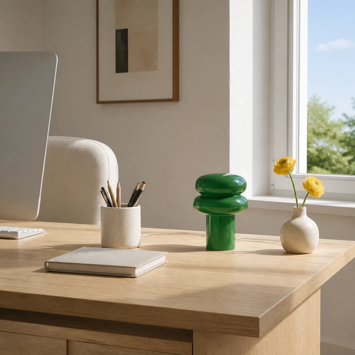 Dark green Lailly lamp on a home office desk