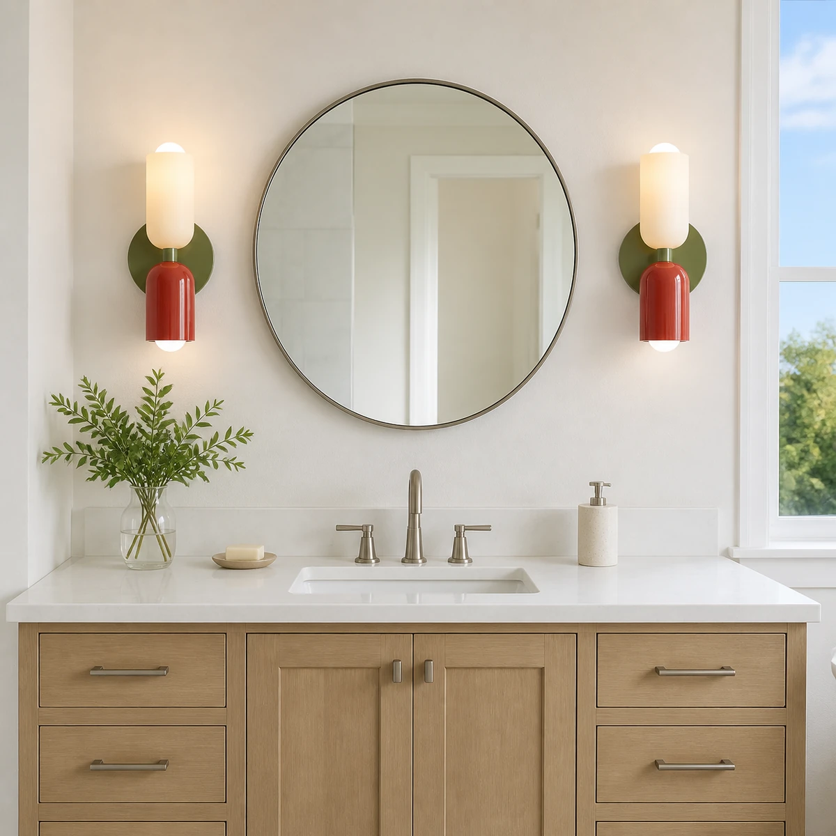 Paired Barra wall lights beside a bathroom mirror