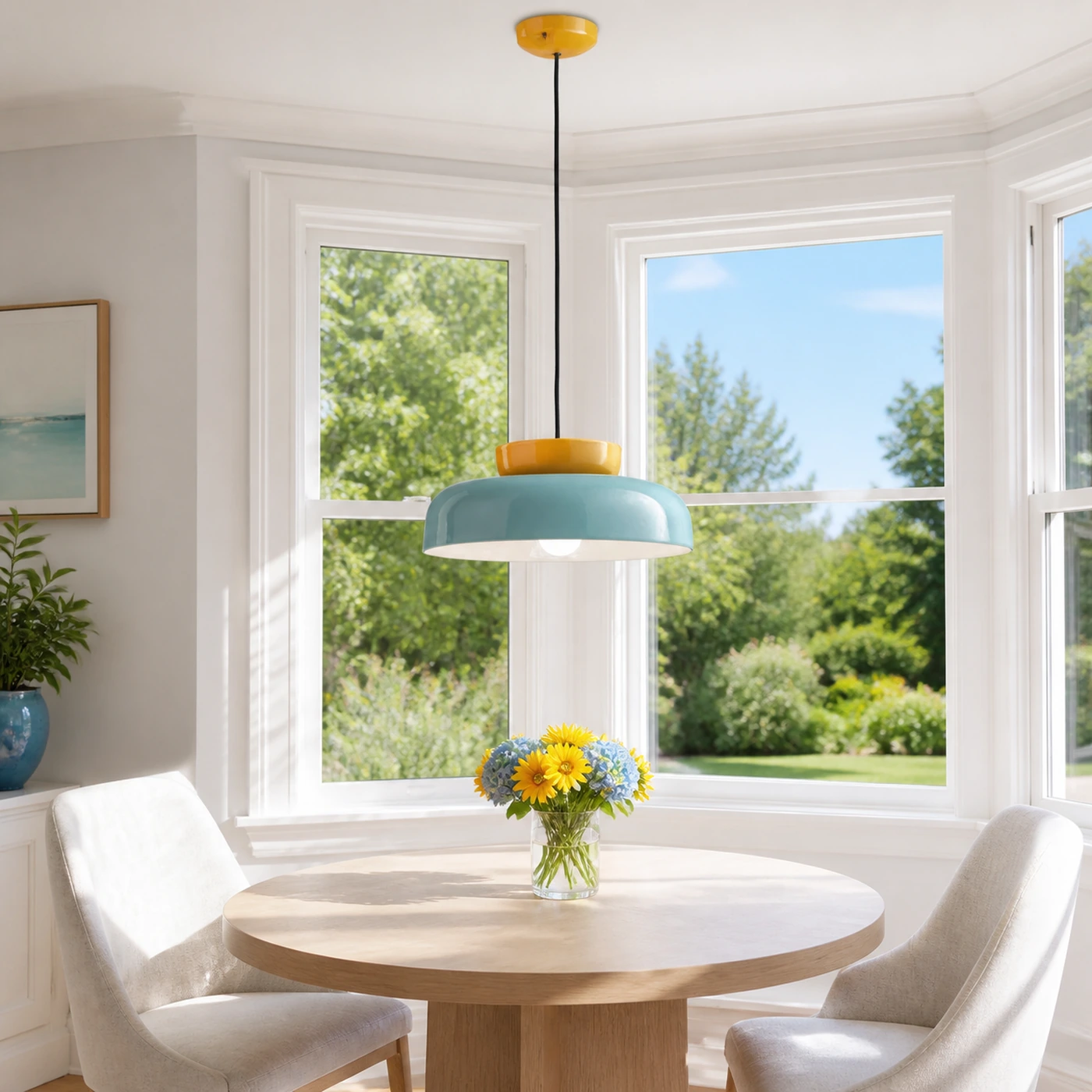 Yellow and Light Blue Faelyraen ceramic pendant above a sunlit breakfast table
