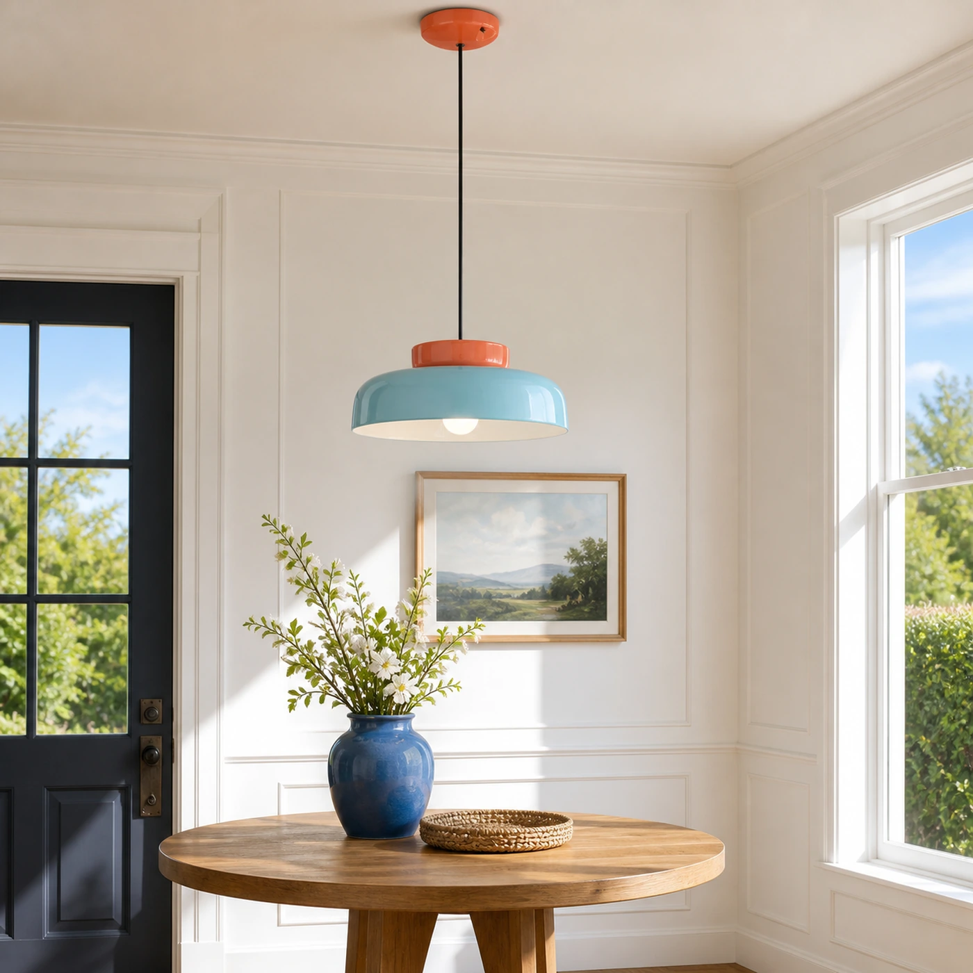 Orange and Light Blue pendant in a sunlit entry