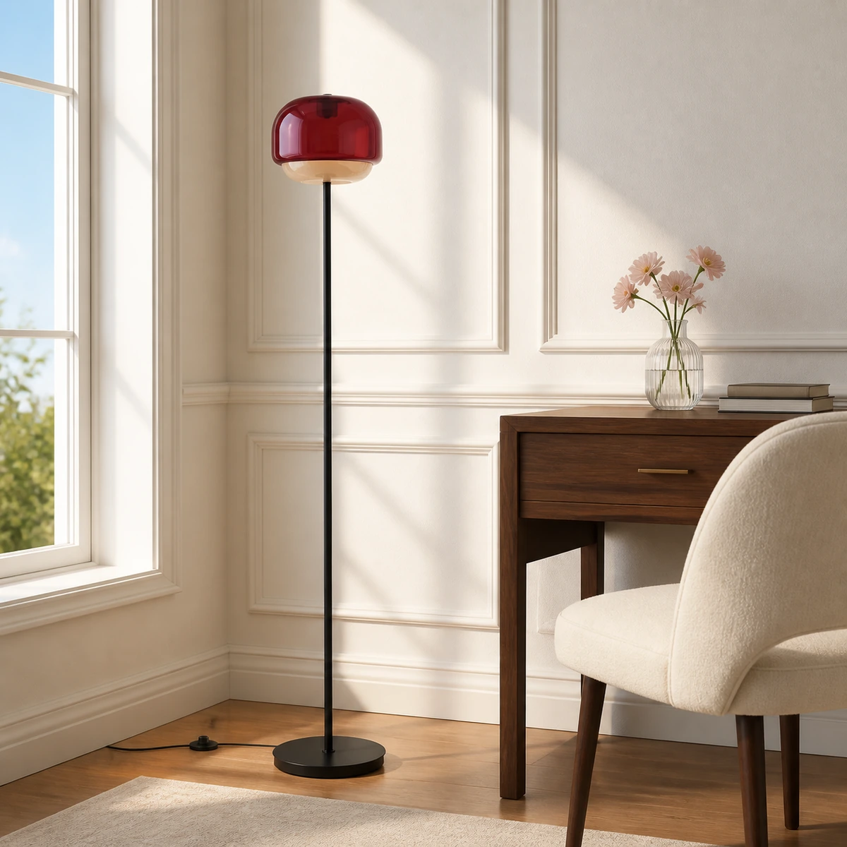 Burgundy Sanae floor lamp beside a home office