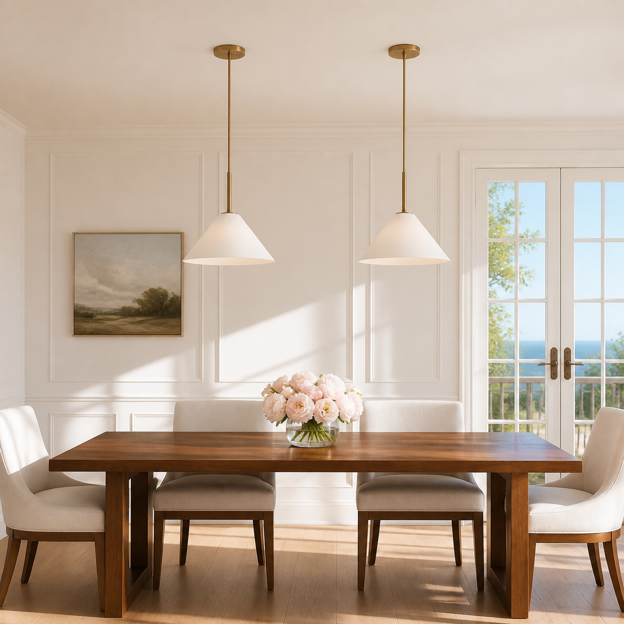 Milk glass and Brass pair above a bright dining table
