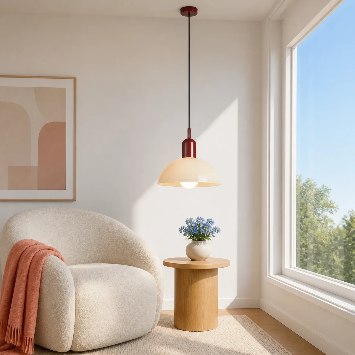 White and red Aurelia pendant in a sunlit reading corner