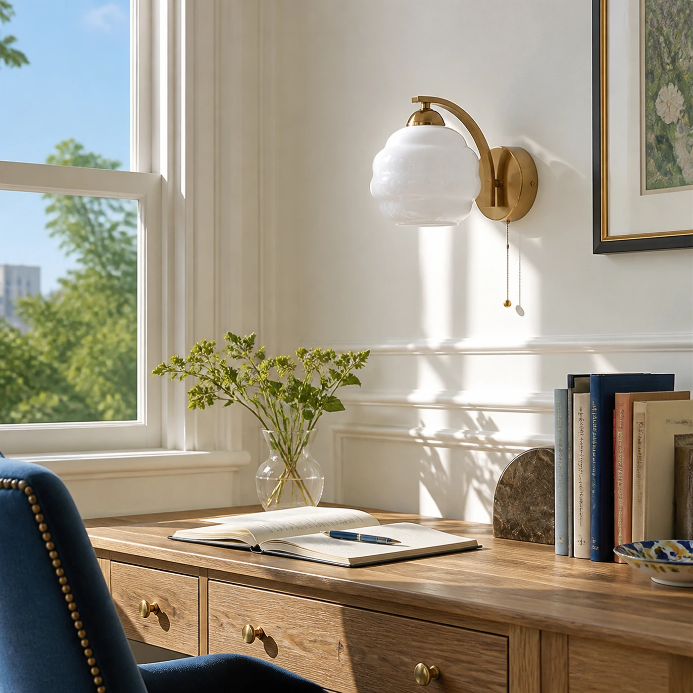 White milk glass sconce above a compact writing desk