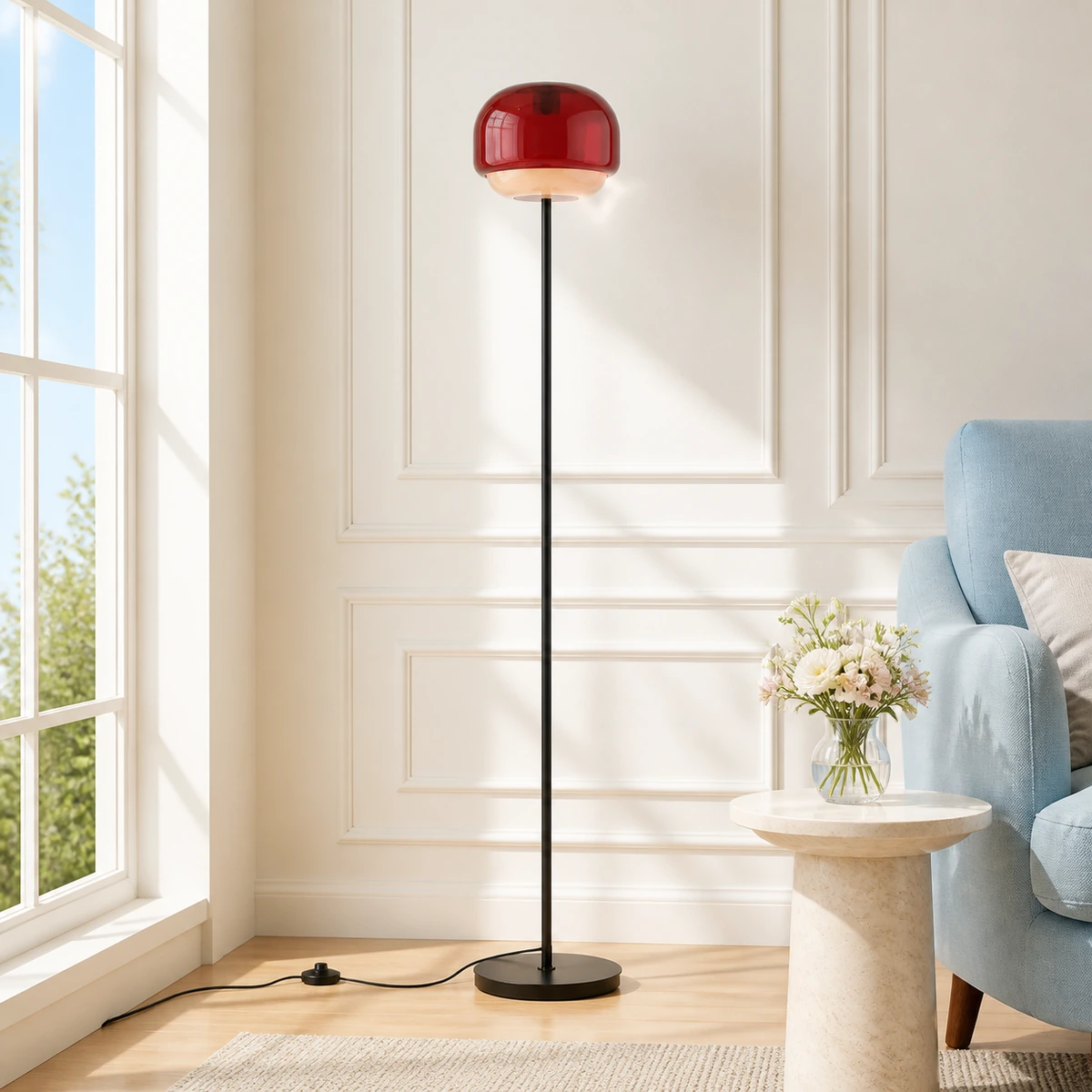 Burgundy Sanae floor lamp beside a bright reading chair