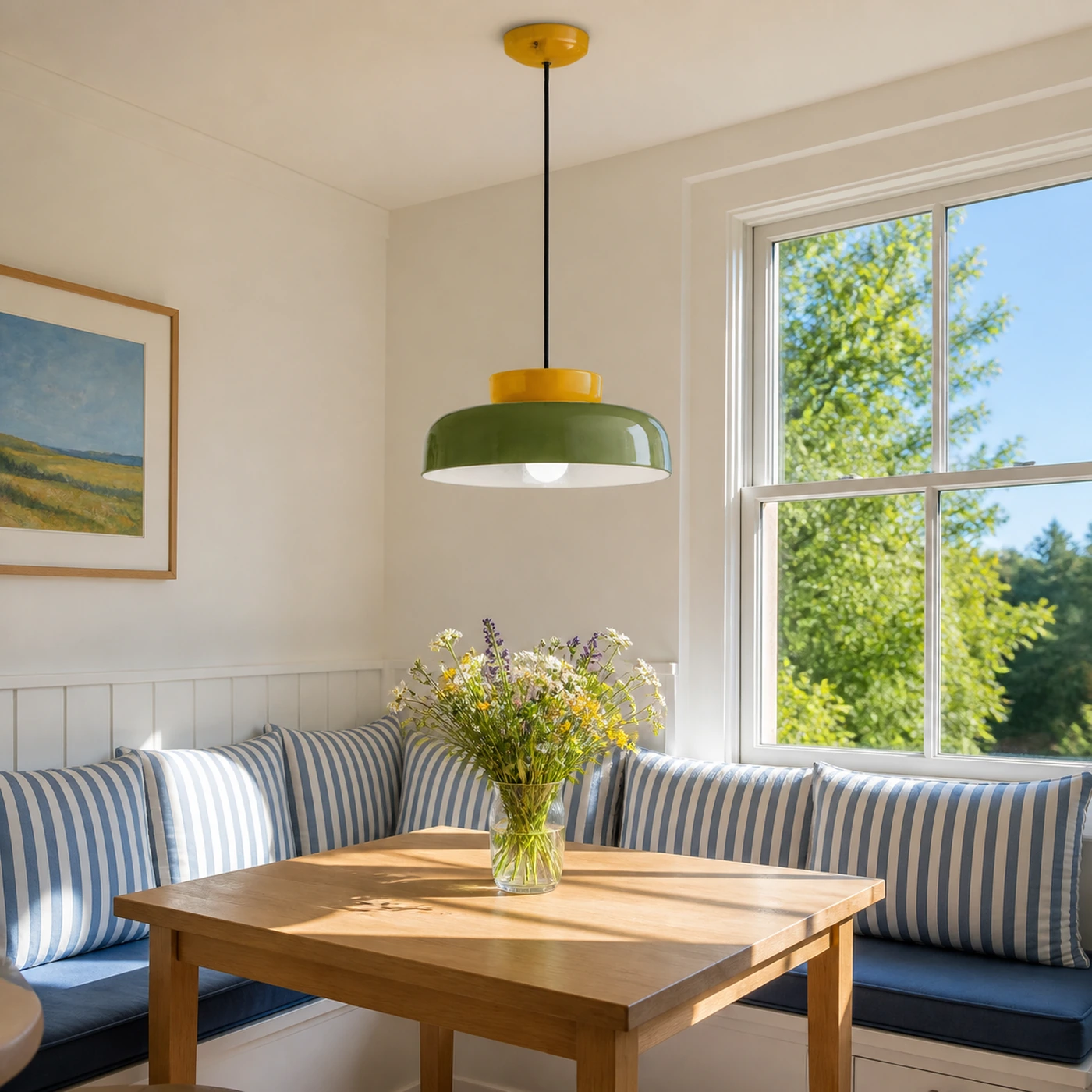 Yellow and Green ceramic pendant over a bright breakfast banquette