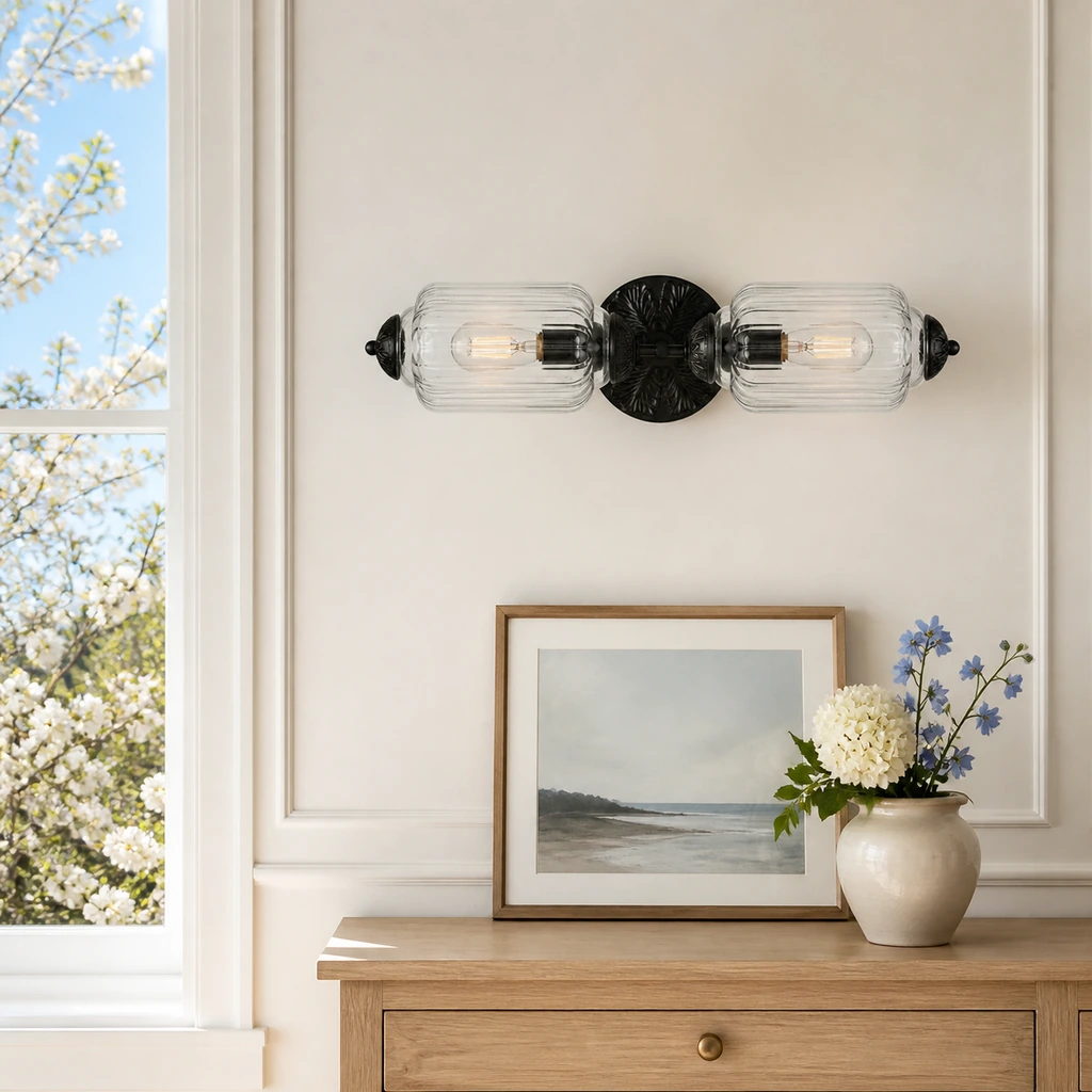Rory wandlamp van helder glas en zwart