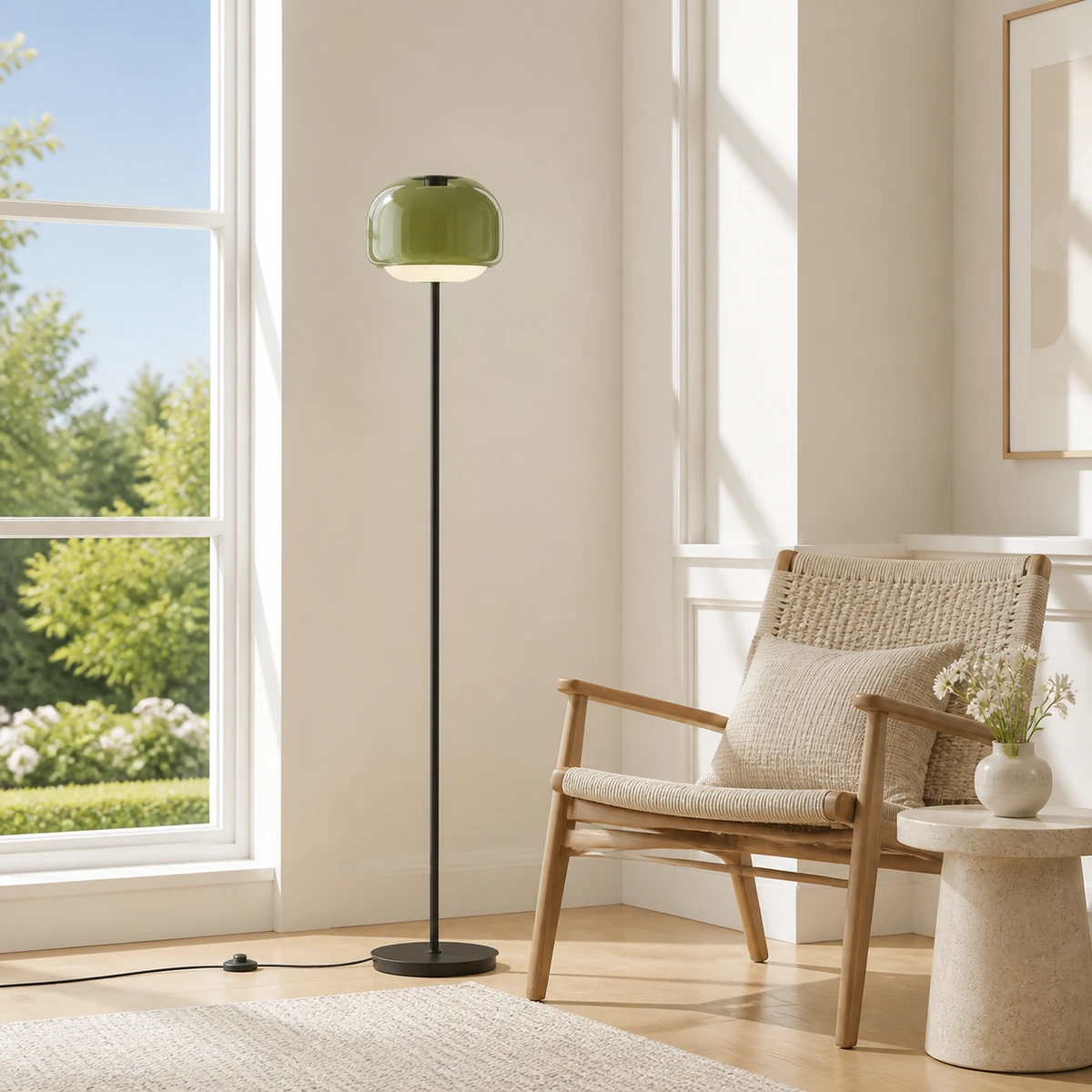 Gray Green Sanae floor lamp in a sunny reading room