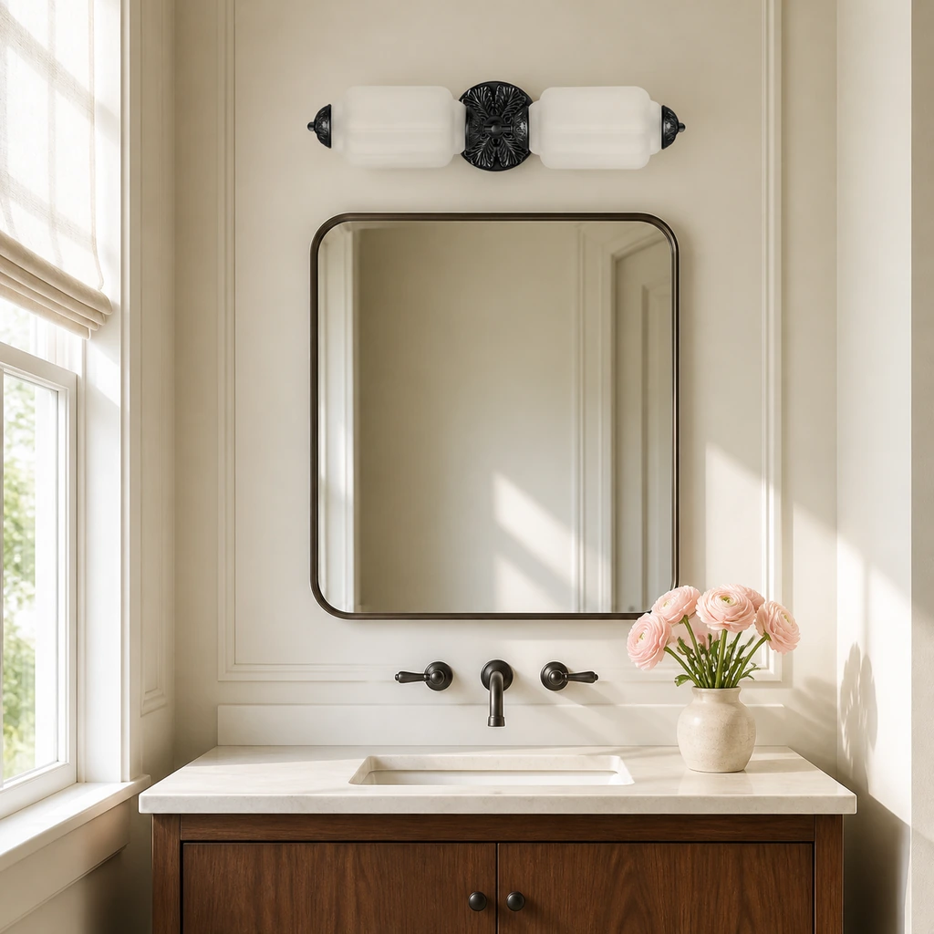 Matglazen en zwarte Rory-wandlamp in een lichte toiletruimte.