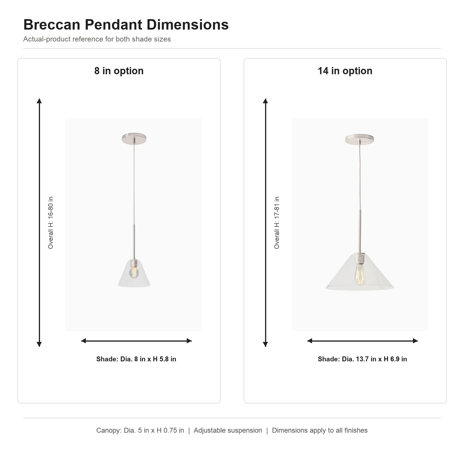 Actual Breccan product dimensions for 8 inch and 14 inch shades