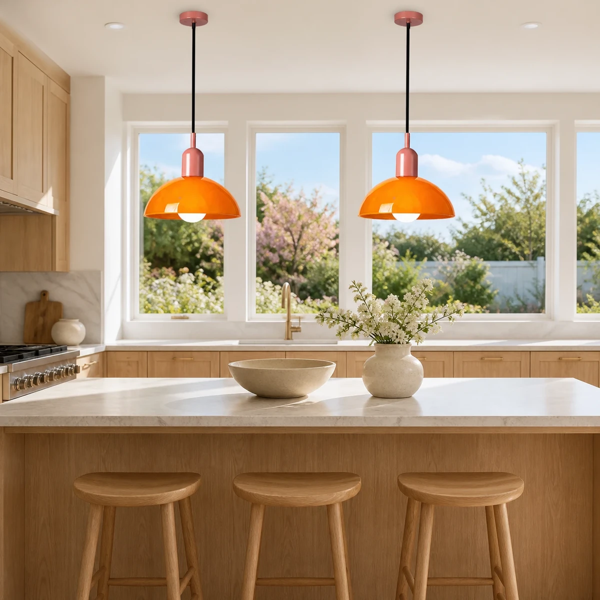 Pair of orange and pink Aurelia pendants above a kitchen island