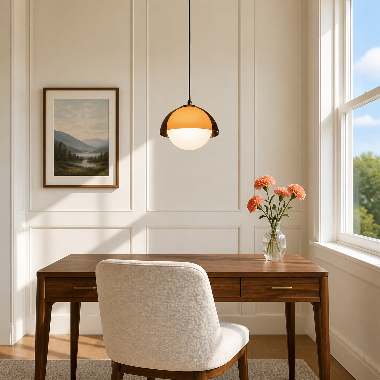 Walnut acrylic pendant above a bright walnut writing desk