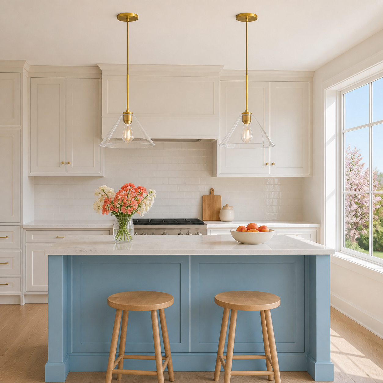Clear glass and Brass Breccan pendant pair in a bright modern American kitchen
