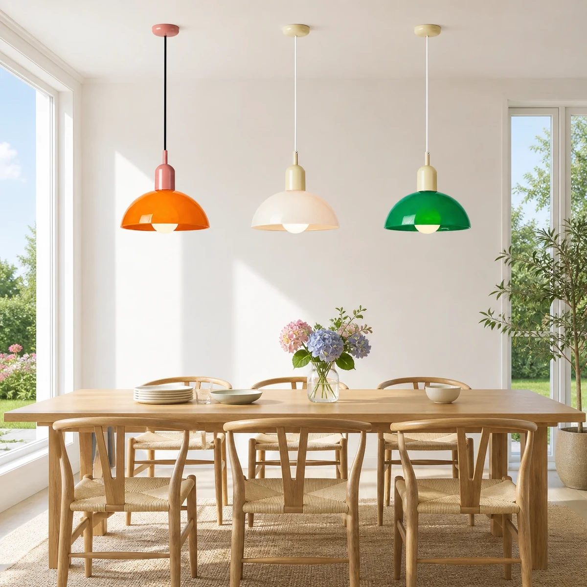 Three Aurelia pendants in orange white and green above a dining table