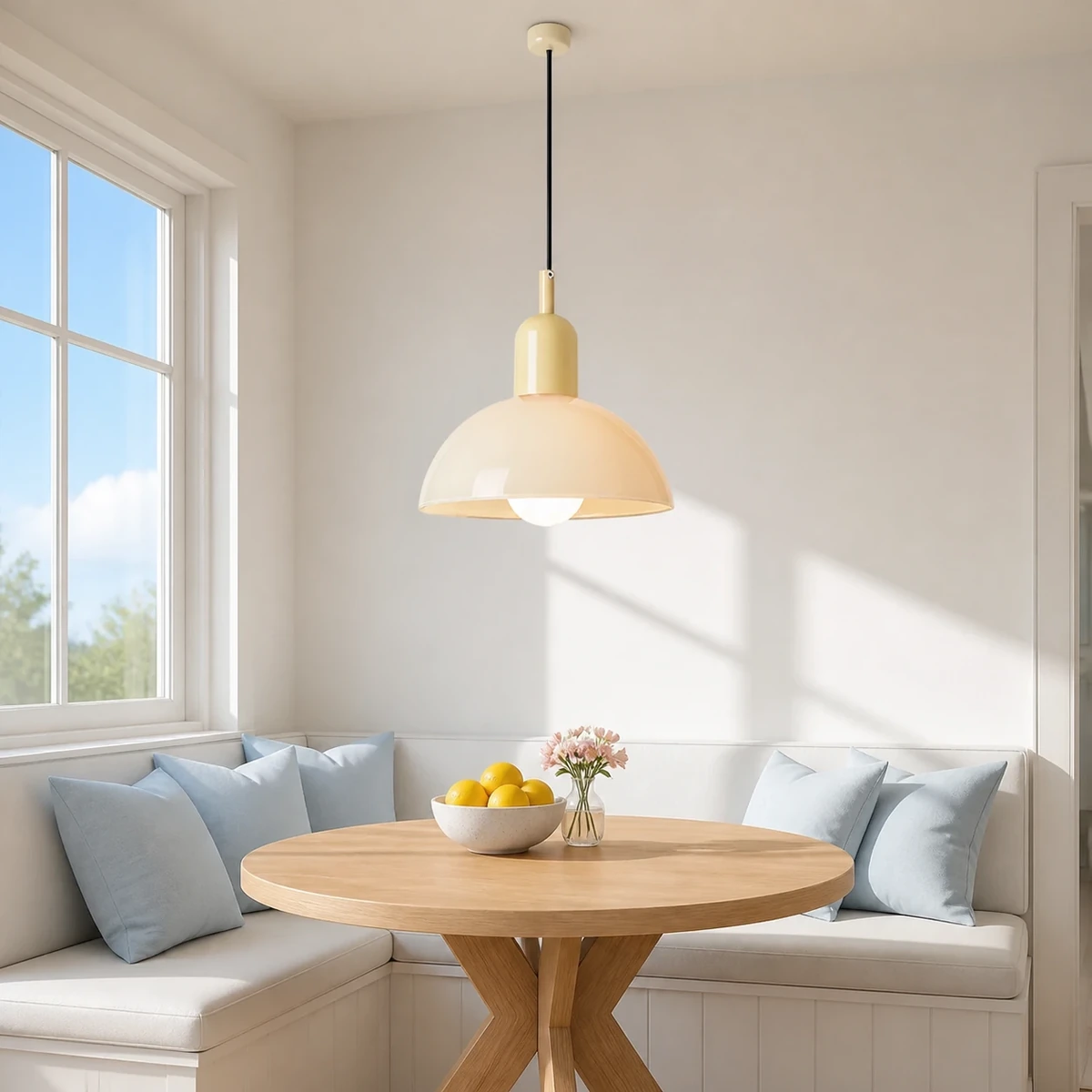 White and beige Aurelia pendant in a sunny breakfast nook