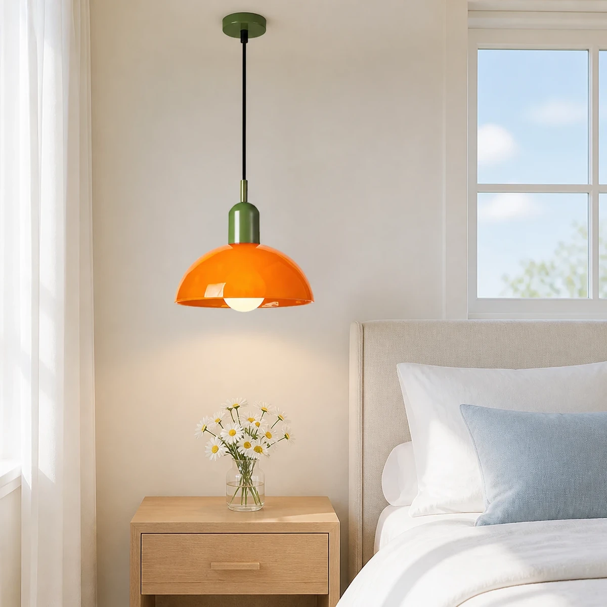 Orange and green Aurelia pendant beside a bright bedroom