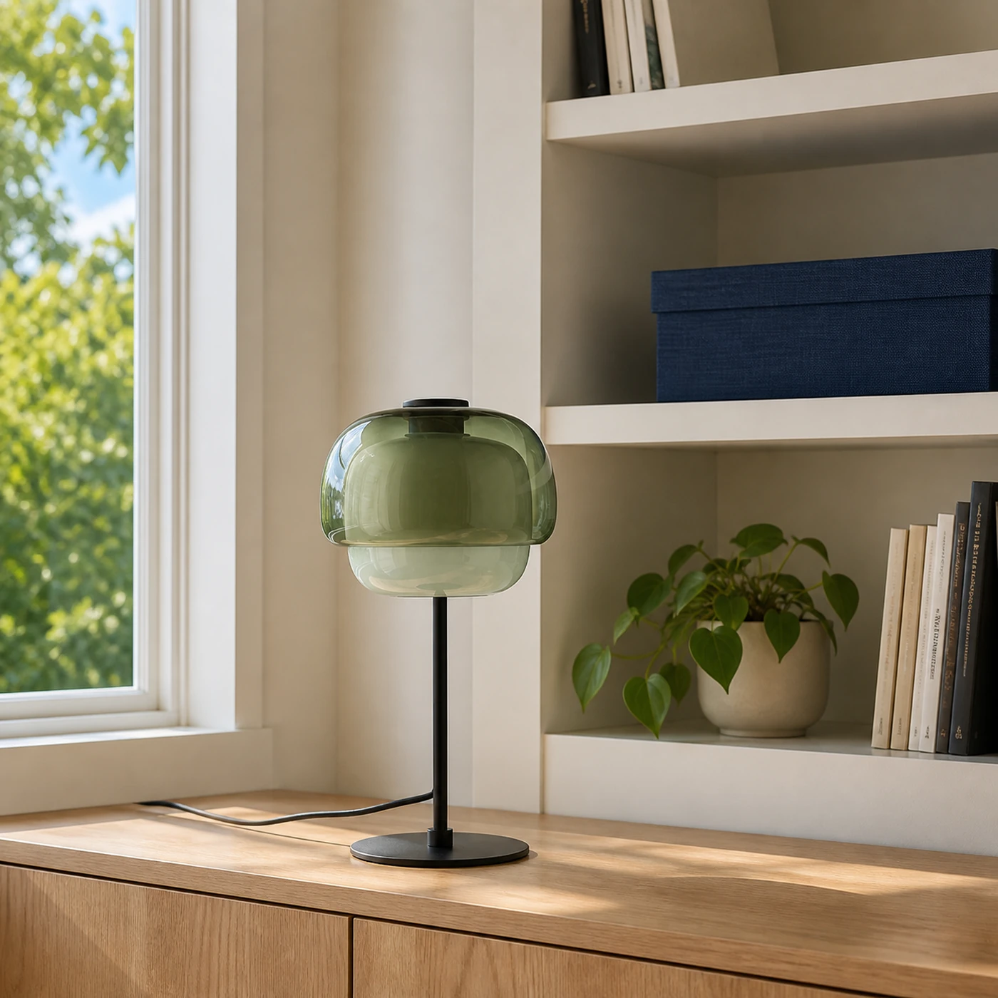 Die graugrüne Ava-Lampe in einer kompakten Leseecke