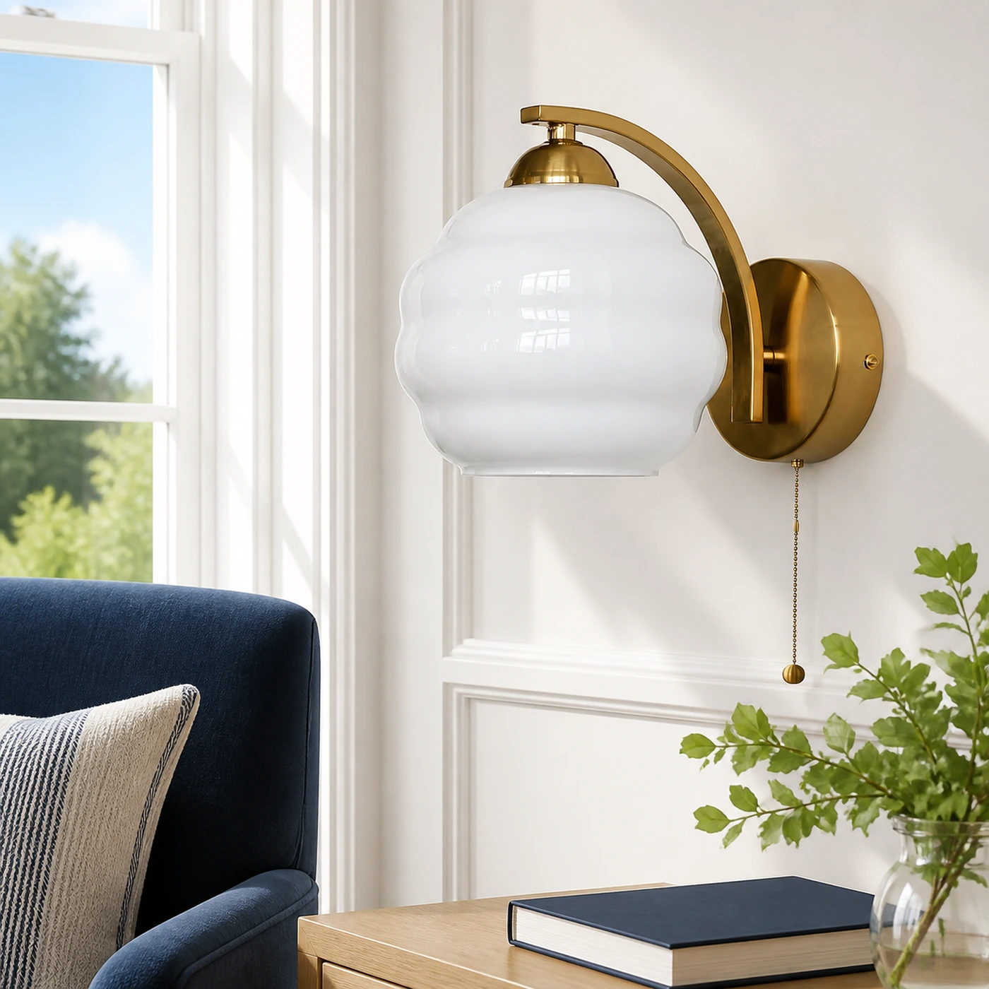 White Bauhaus milk glass wall sconce in a bright reading corner