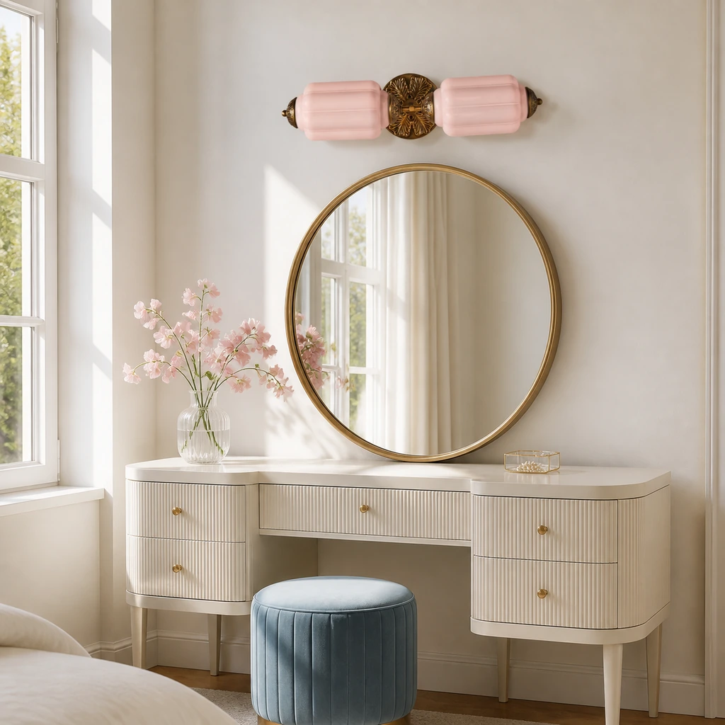 Roze glazen en messing Rory wandlamp boven een lichte kaptafel.