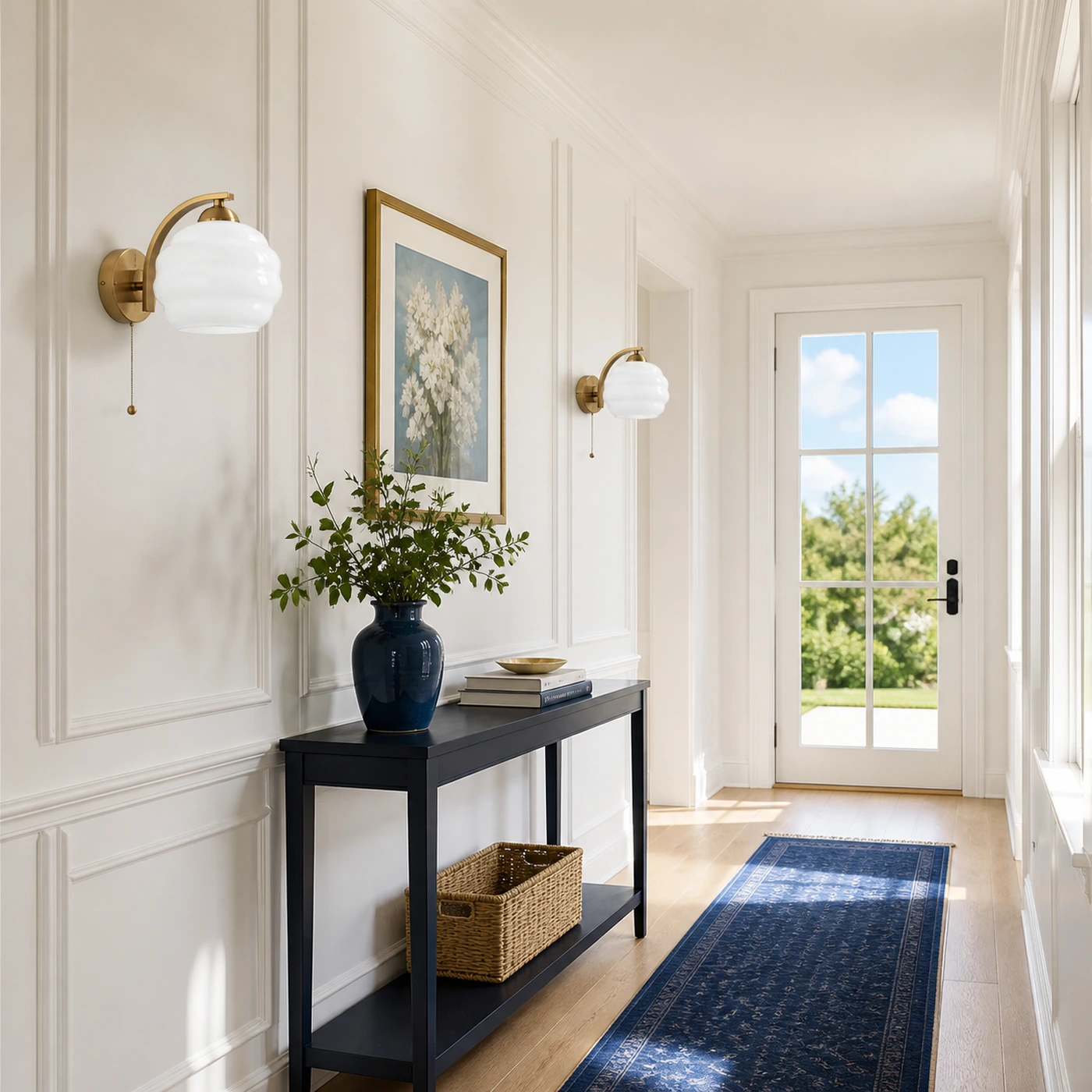 Pair of White milk glass sconces along a paneled hallway