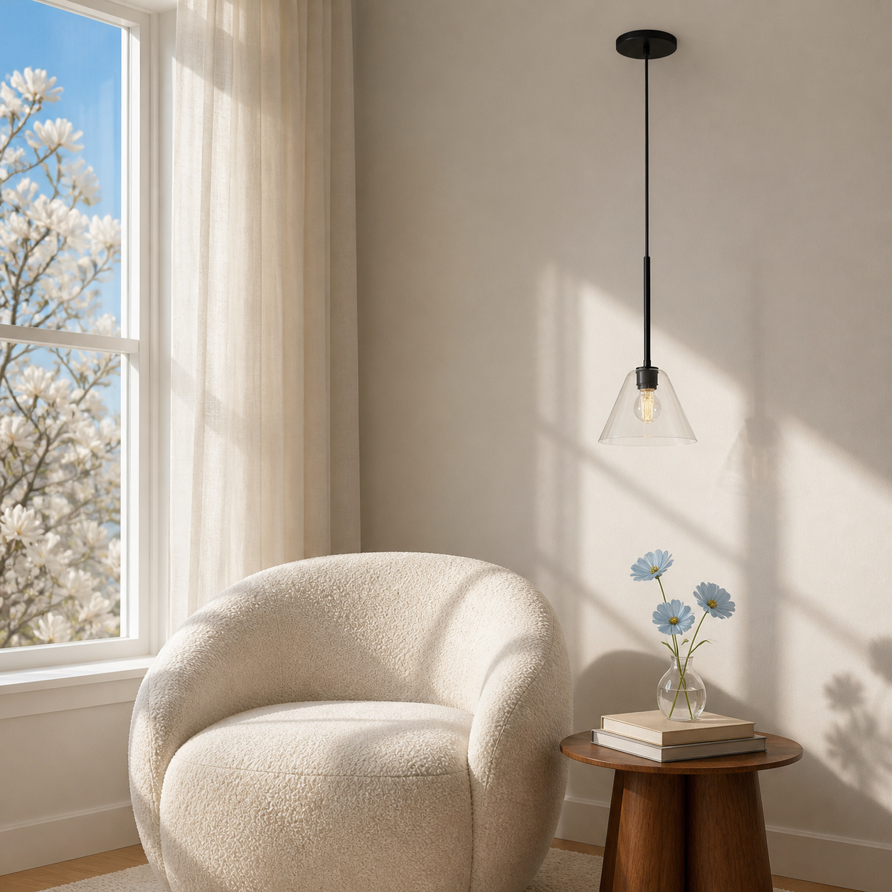Clear glass and Black pendant in a sunlit reading nook