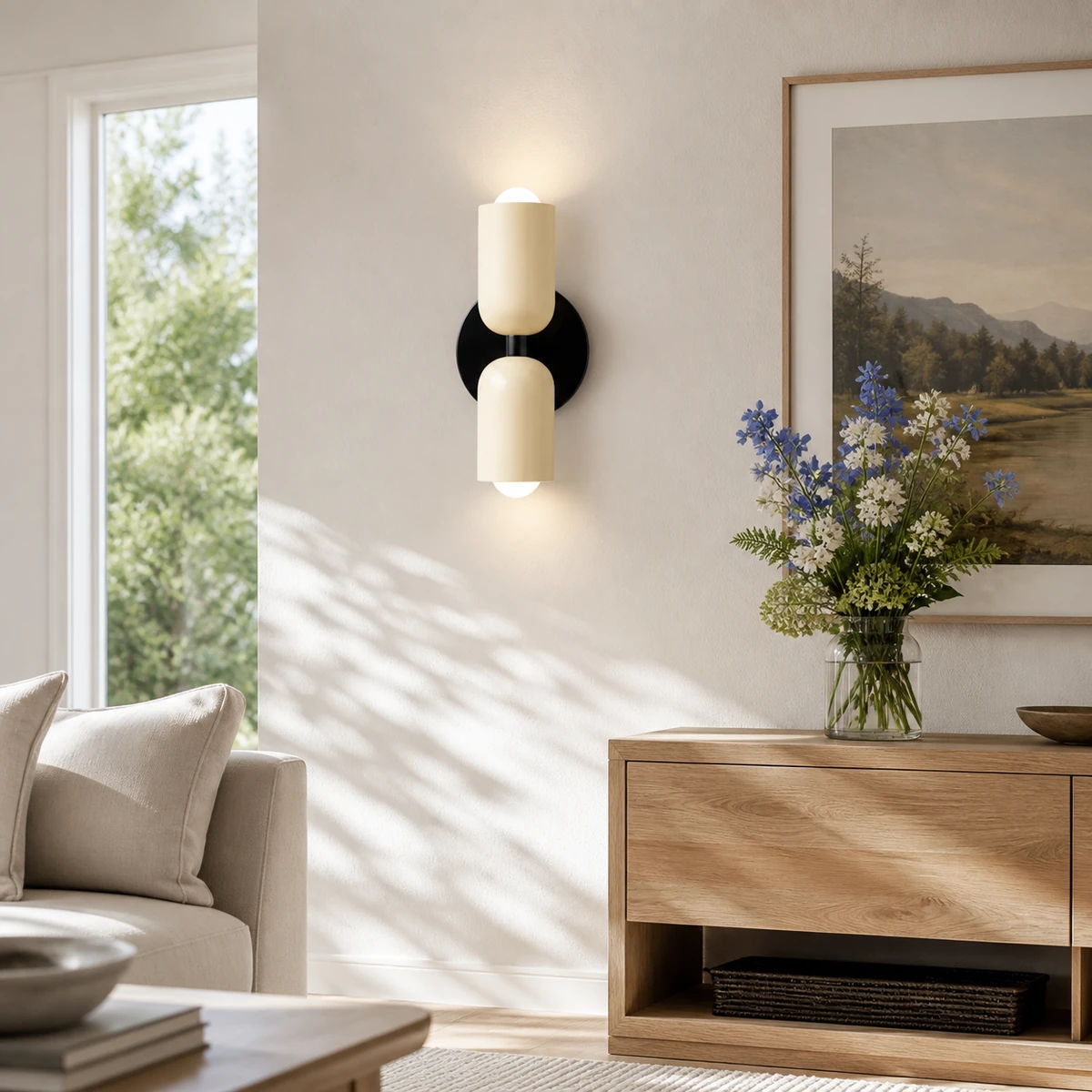 Barra wall light in a bright modern American living room