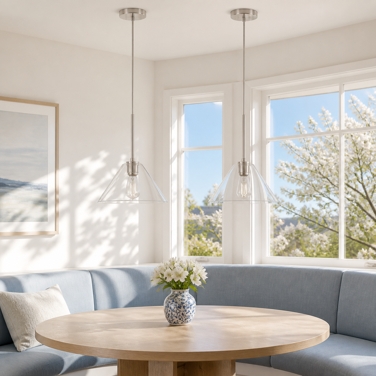 Clear glass and Nickel pair in a bright breakfast nook