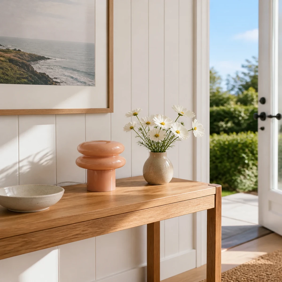 Dusky pink Lailly lamp on a sunny entry console