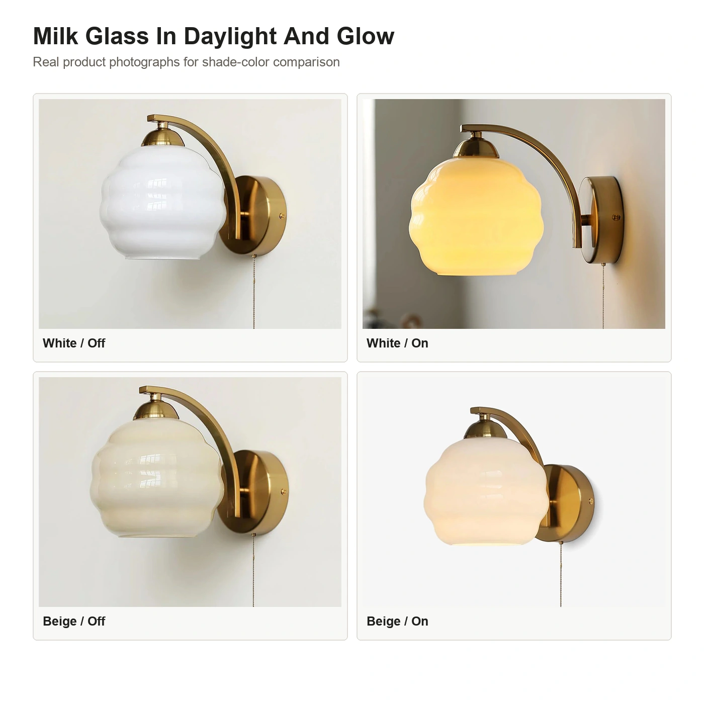 Real White and Beige milk glass shades switched off and on