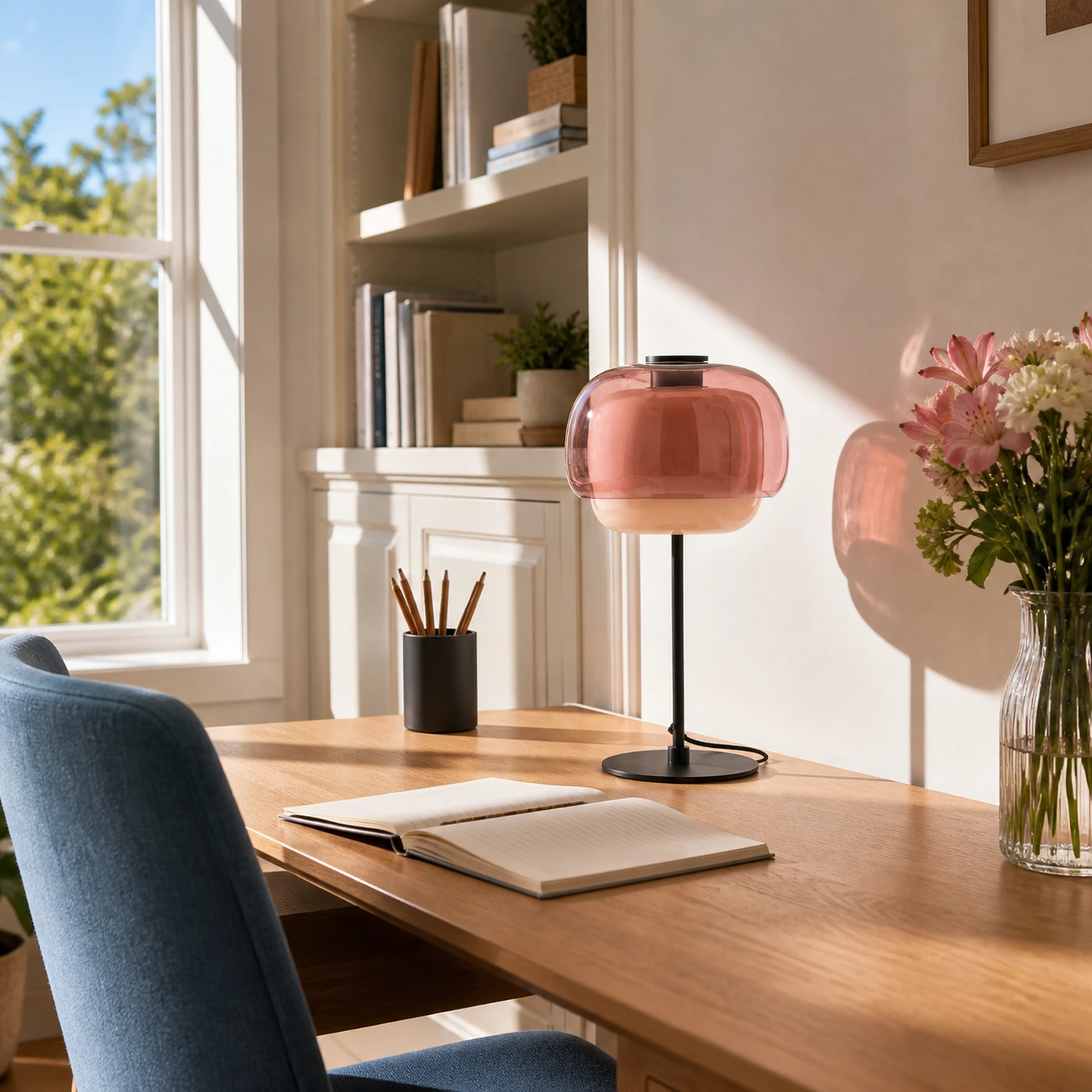 Die Blush Ava-Lampe steht auf einem sonnendurchfluteten Schreibtisch im Homeoffice.