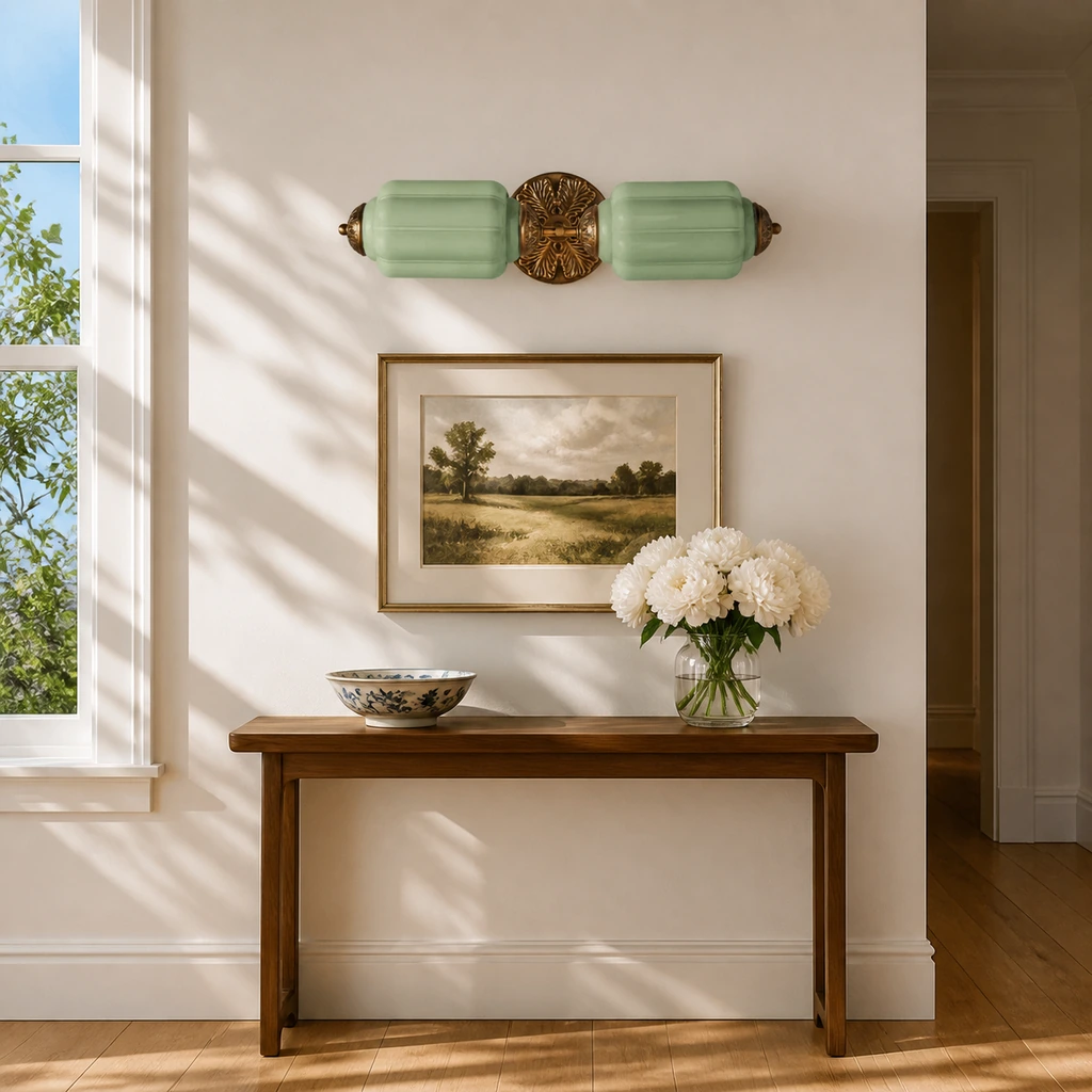 Groene glazen en messing Rory wandlamp boven een zonovergoten entreeconsole.