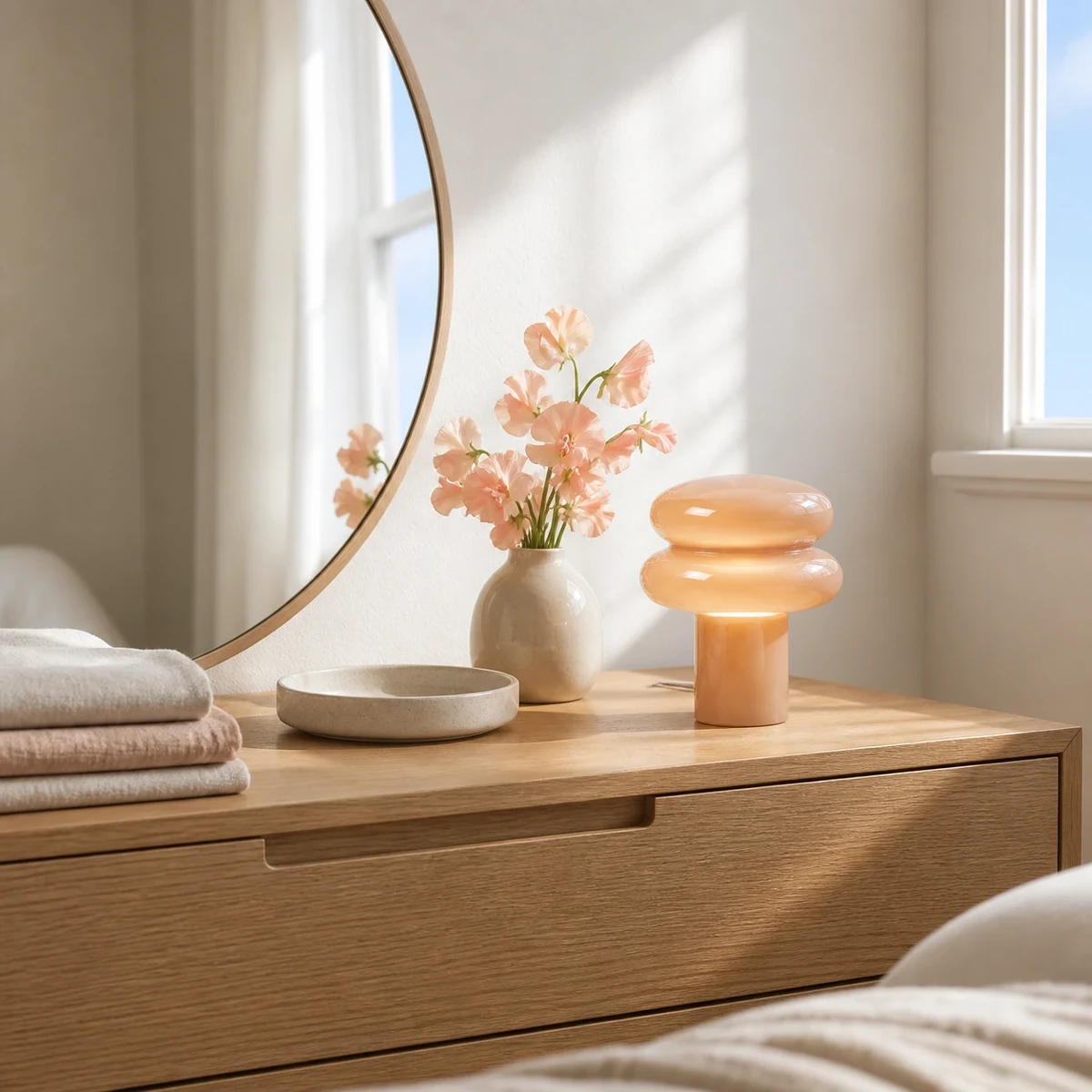 Dusky pink Lailly lamp on a bedroom dresser