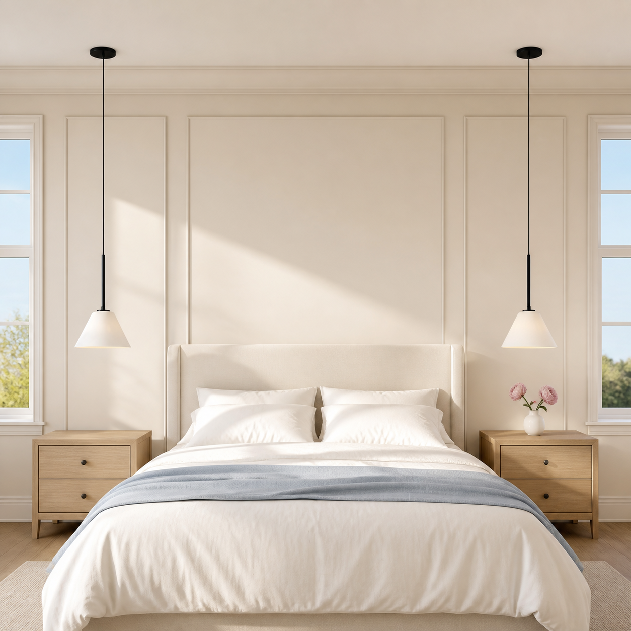 Milk glass and Black bedside pendant pair