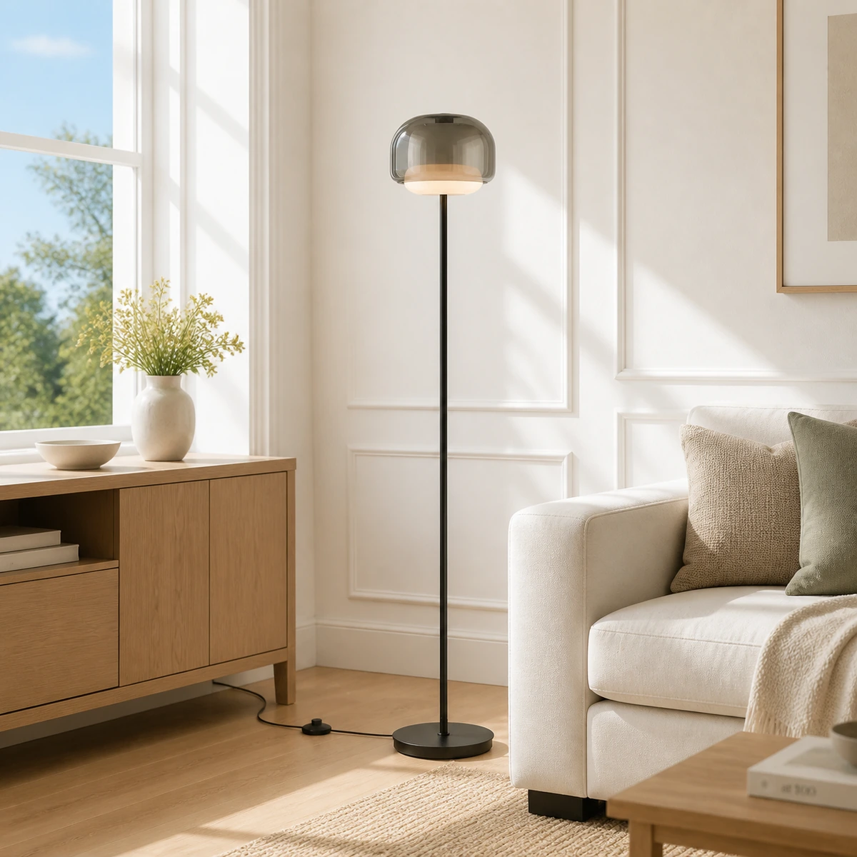 Smoke Gray Sanae floor lamp in a bright family room