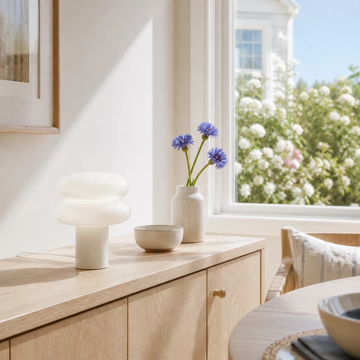 White Lailly lamp beside a bright breakfast nook