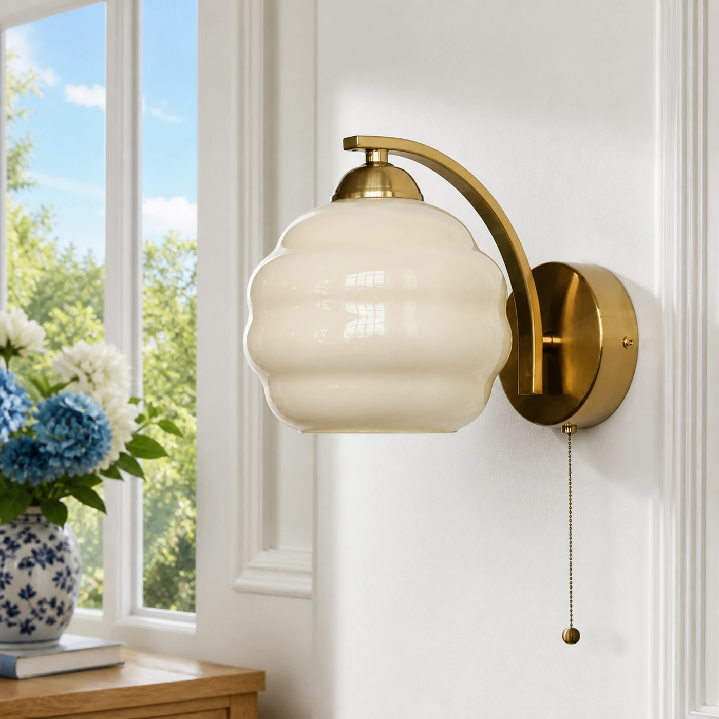 Beige milk glass sconce beside a sunlit window